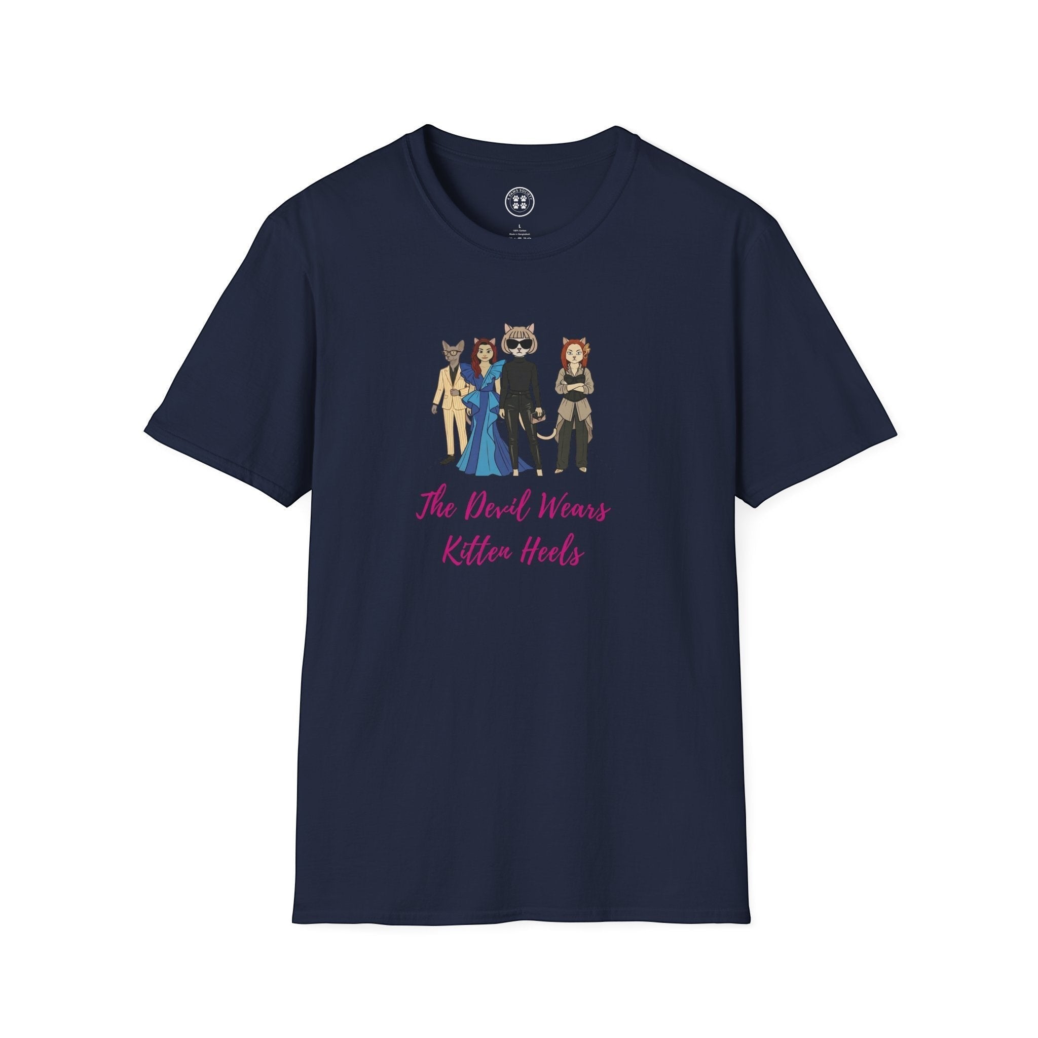 4 Paws Society navy blue 100% cotton unisex graphic tee with "The Devil Wears Kitten Heels" text and cartoon cats in fashion outfits.