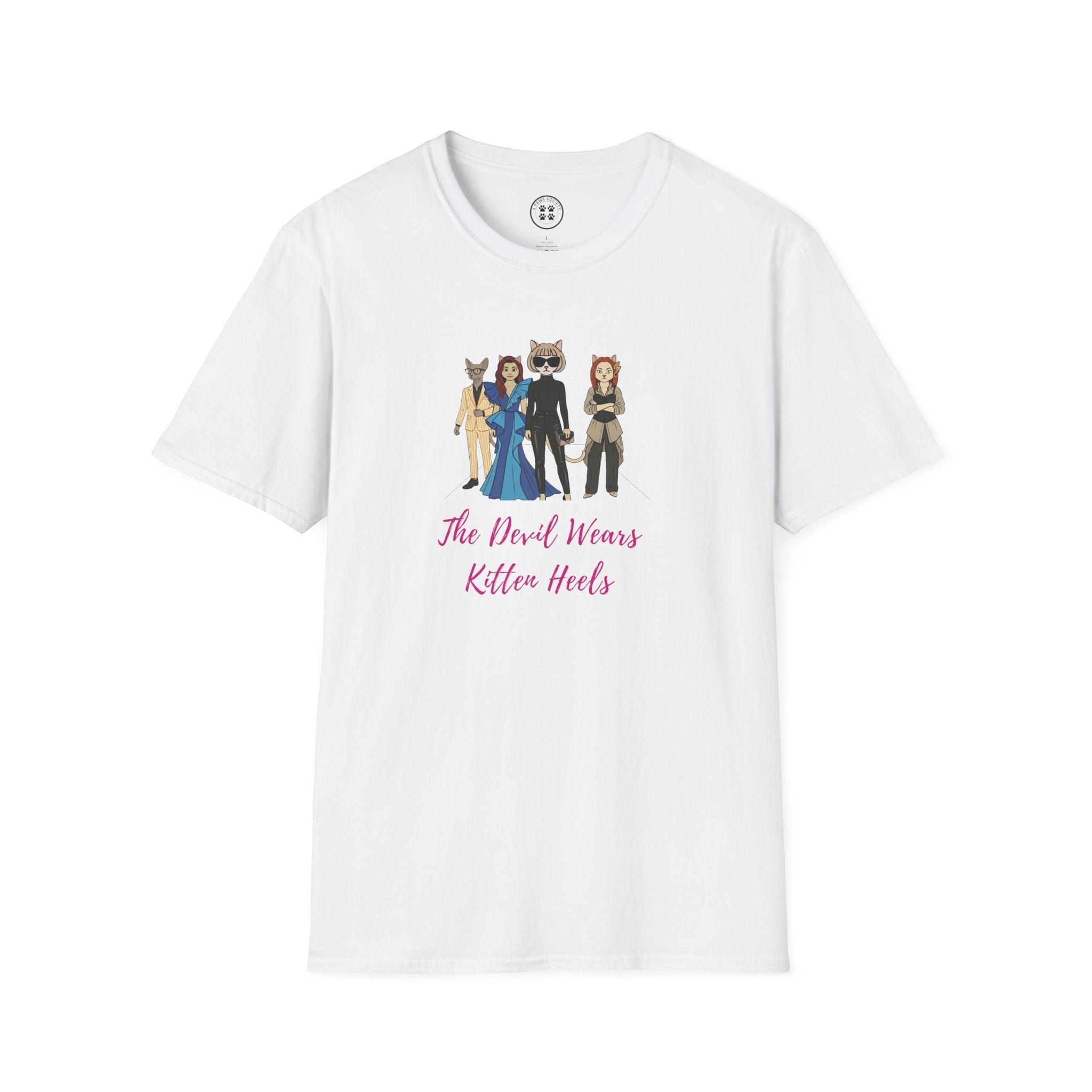4 Paws Society white 100% cotton unisex graphic tee with "The Devil Wears Kitten Heels" text and cartoon cat characters.