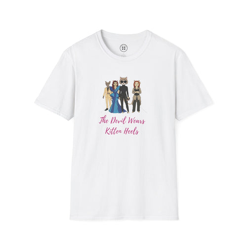 4 Paws Society white 100% cotton unisex graphic tee with "The Devil Wears Kitten Heels" text and cartoon cat characters.