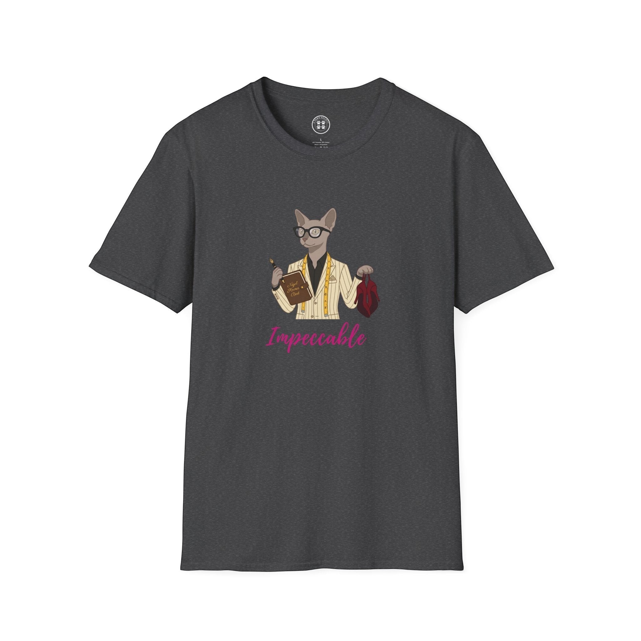 4 Paws Society dark grey 100% cotton unisex tee with a graphic of a cat in a suit holding a book and a red bag. Text reads "Impeccable".