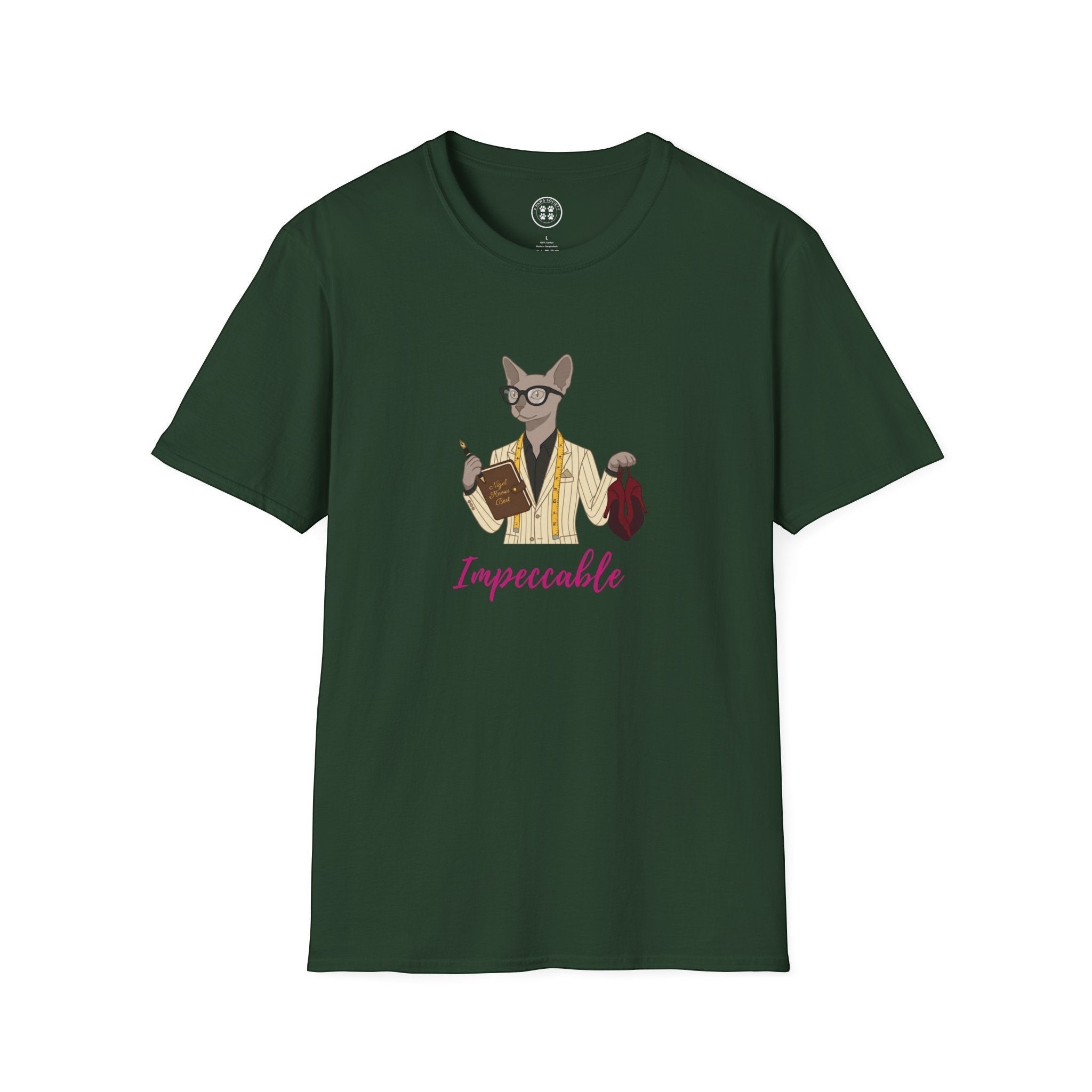4 Paws Society dark green 100% cotton t-shirt with a graphic of a sophisticated cat wearing glasses and a pinstripe suit, holding a book and a red cloth.
