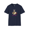 4 Paws Society navy blue 100% cotton t-shirt with a graphic of a cat wearing glasses and a pinstripe suit, holding a book and fabric.