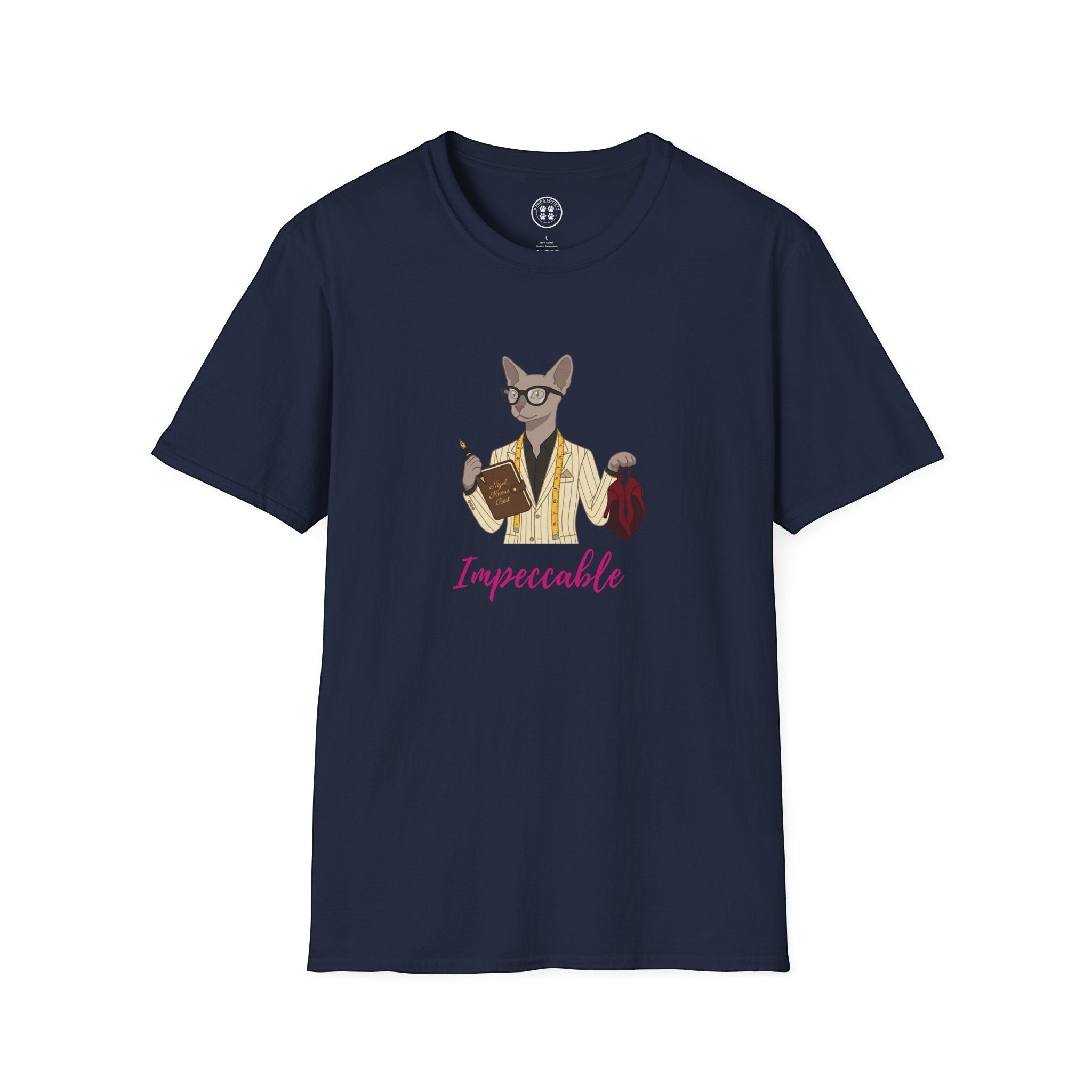 4 Paws Society navy blue 100% cotton t-shirt with a graphic of a cat wearing glasses and a pinstripe suit, holding a book and fabric.