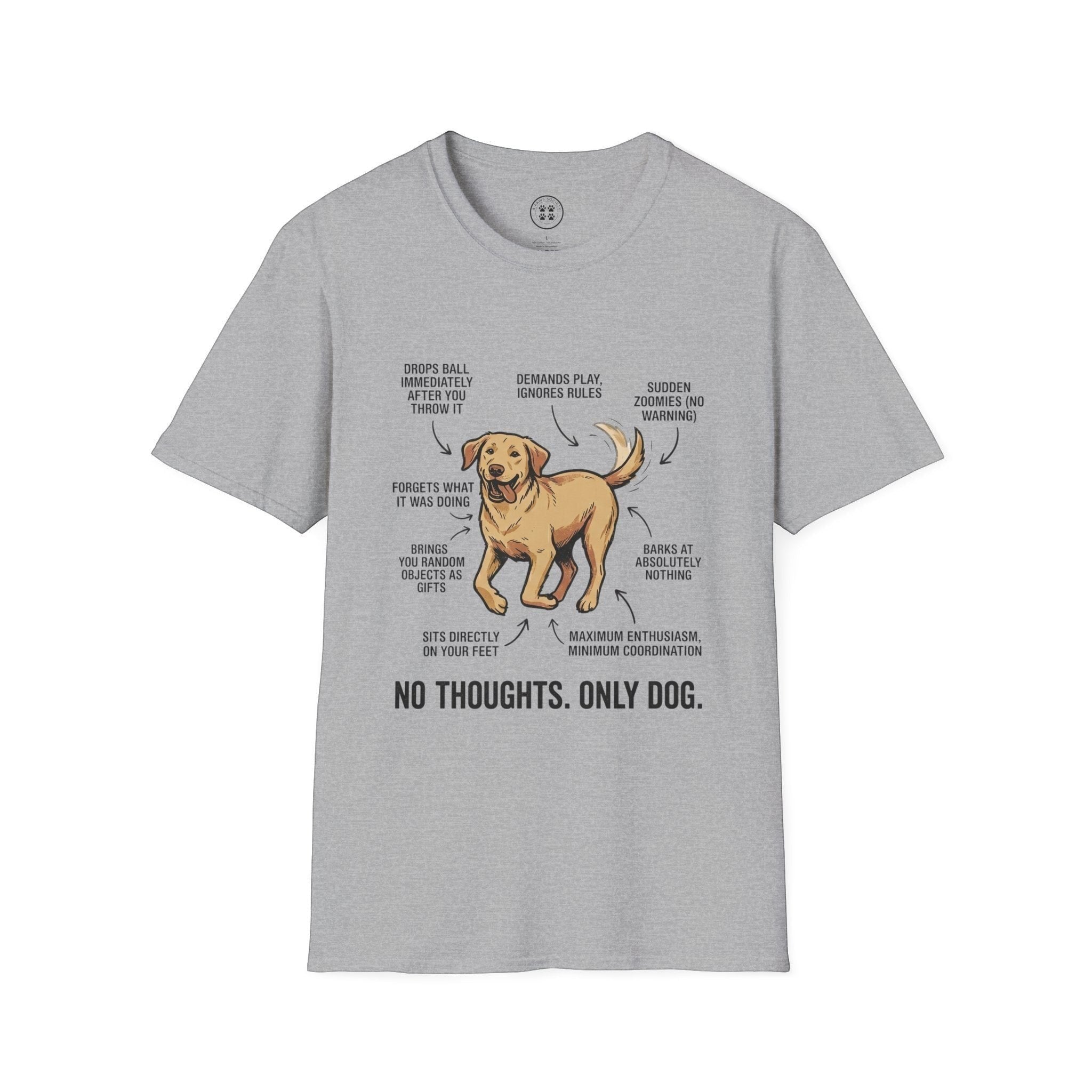 4 Paws Society grey 100% cotton unisex graphic tee with a funny dog anatomy diagram and "No Thoughts. Only Dog." text.