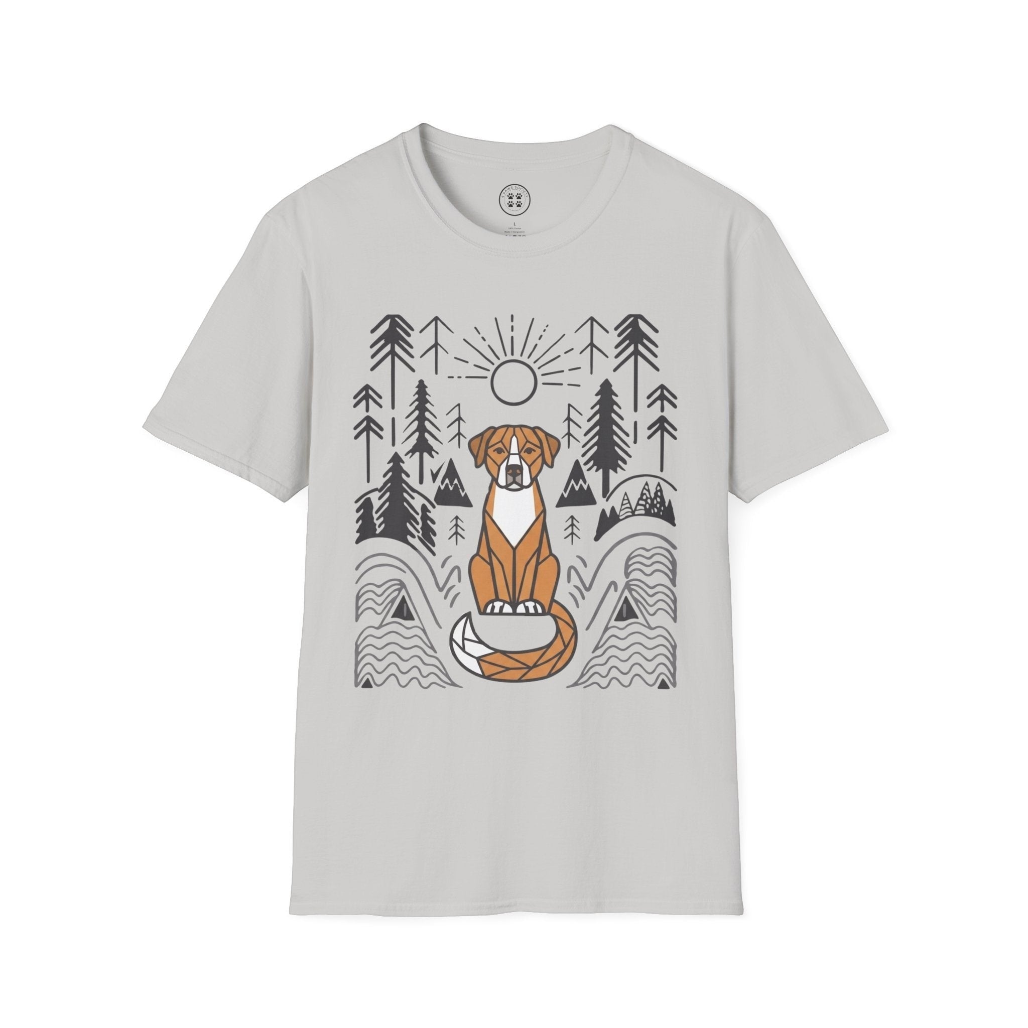 4 Paws Society light grey 100% cotton unisex t-shirt with a graphic of a dog sitting in a forest landscape with a sun.