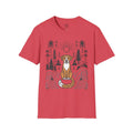 4 Paws Society red 100% cotton t-shirt with a graphic of a dog sitting on its tail in a forest with a sunset.