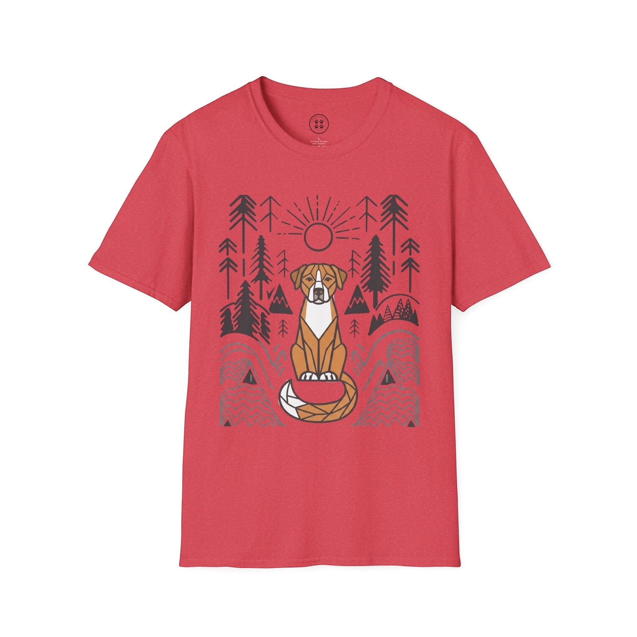 4 Paws Society red 100% cotton t-shirt with a graphic of a dog sitting on its tail in a forest with a sunset.