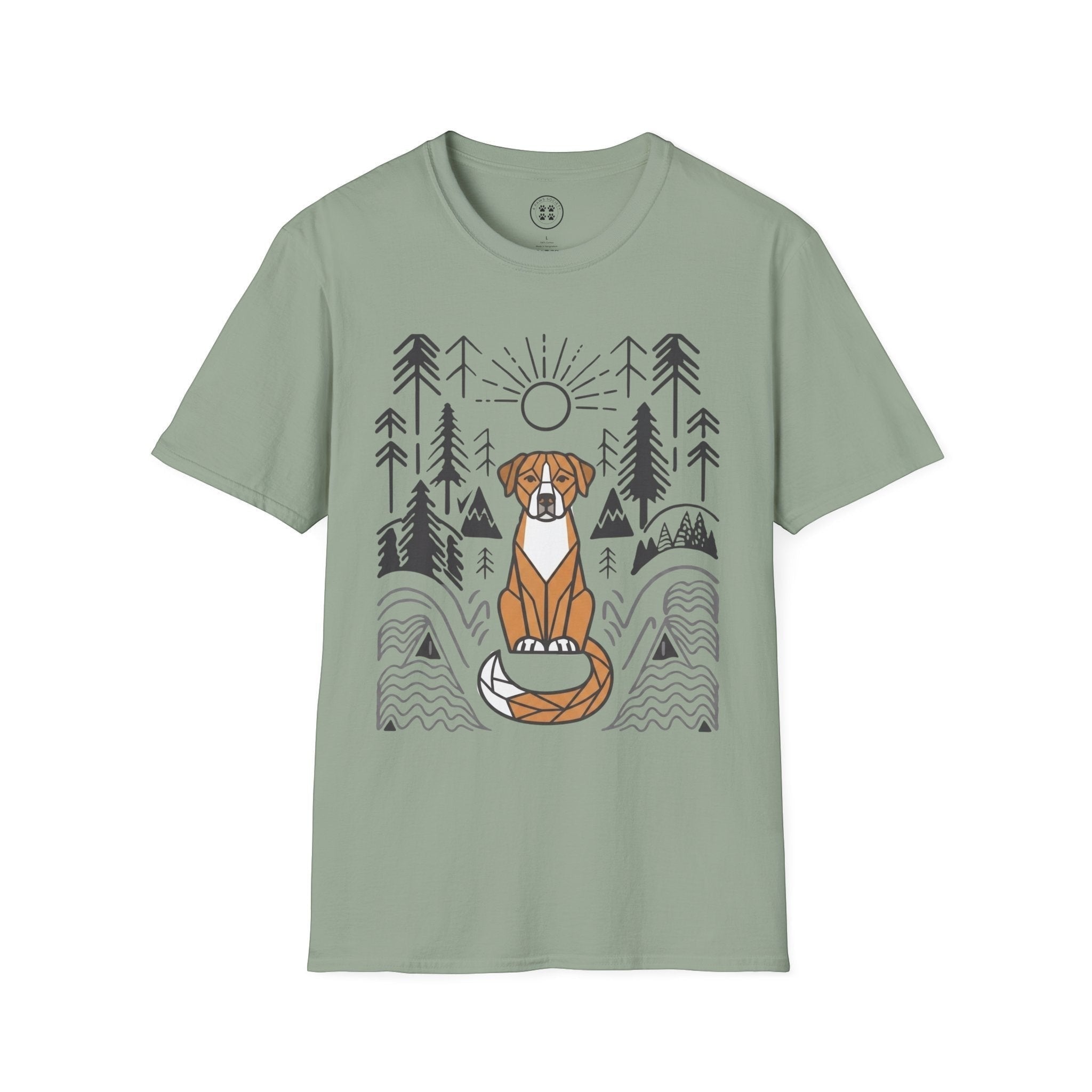 4 Paws Society sage green 100% cotton t-shirt with a graphic of a dog sitting on its tail in a forest landscape with a sun and mountains.