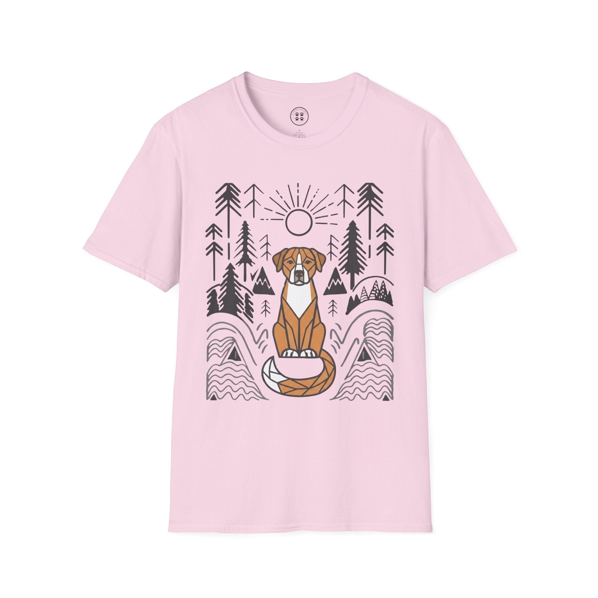4 Paws Society pink 100% cotton t-shirt with a graphic of a dog sitting on its tail in a forest landscape with a sun.