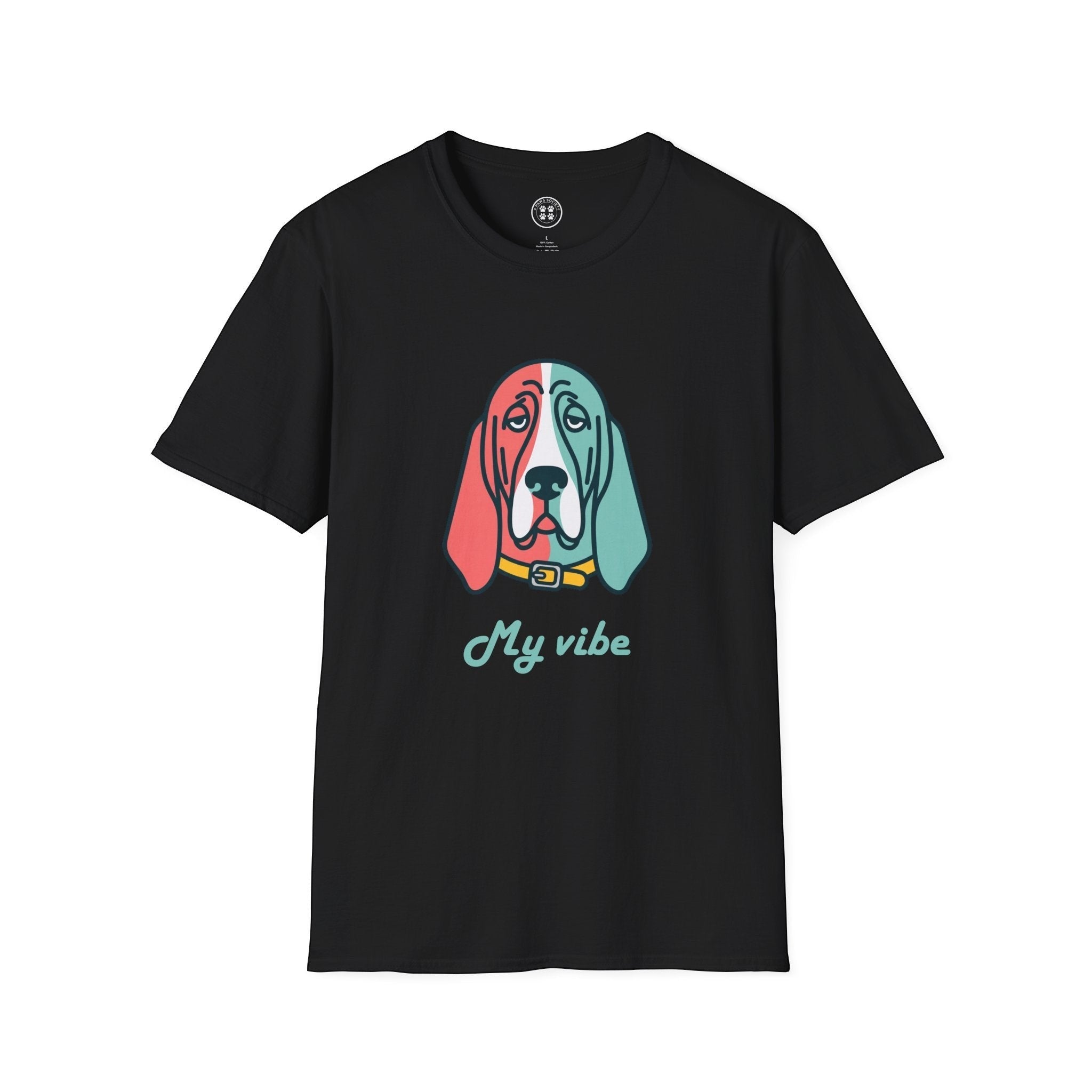 4 Paws Society black 100% cotton t-shirt with a colorful Basset Hound graphic and "My Vibe" text.