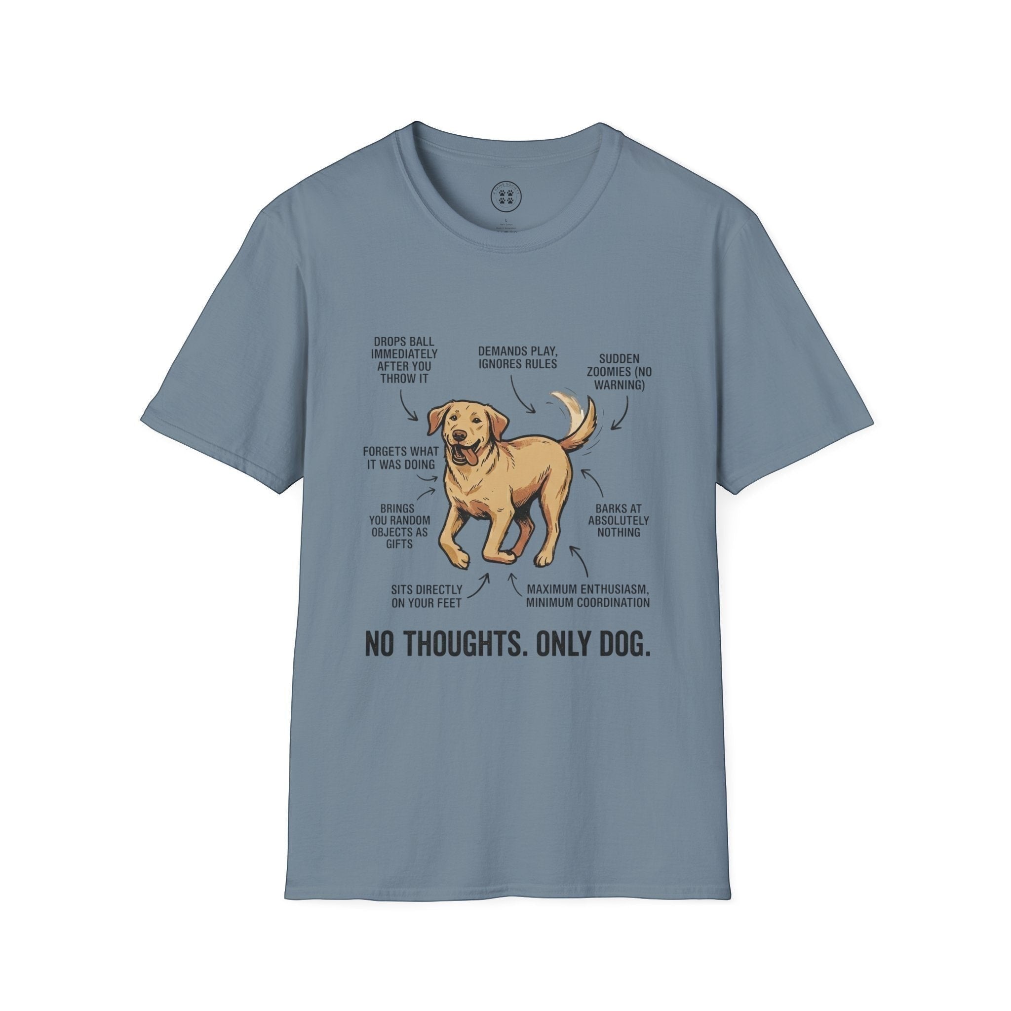 4 Paws Society blue 100% cotton unisex graphic tee with a funny dog anatomy diagram and "No Thoughts. Only Dog." text.