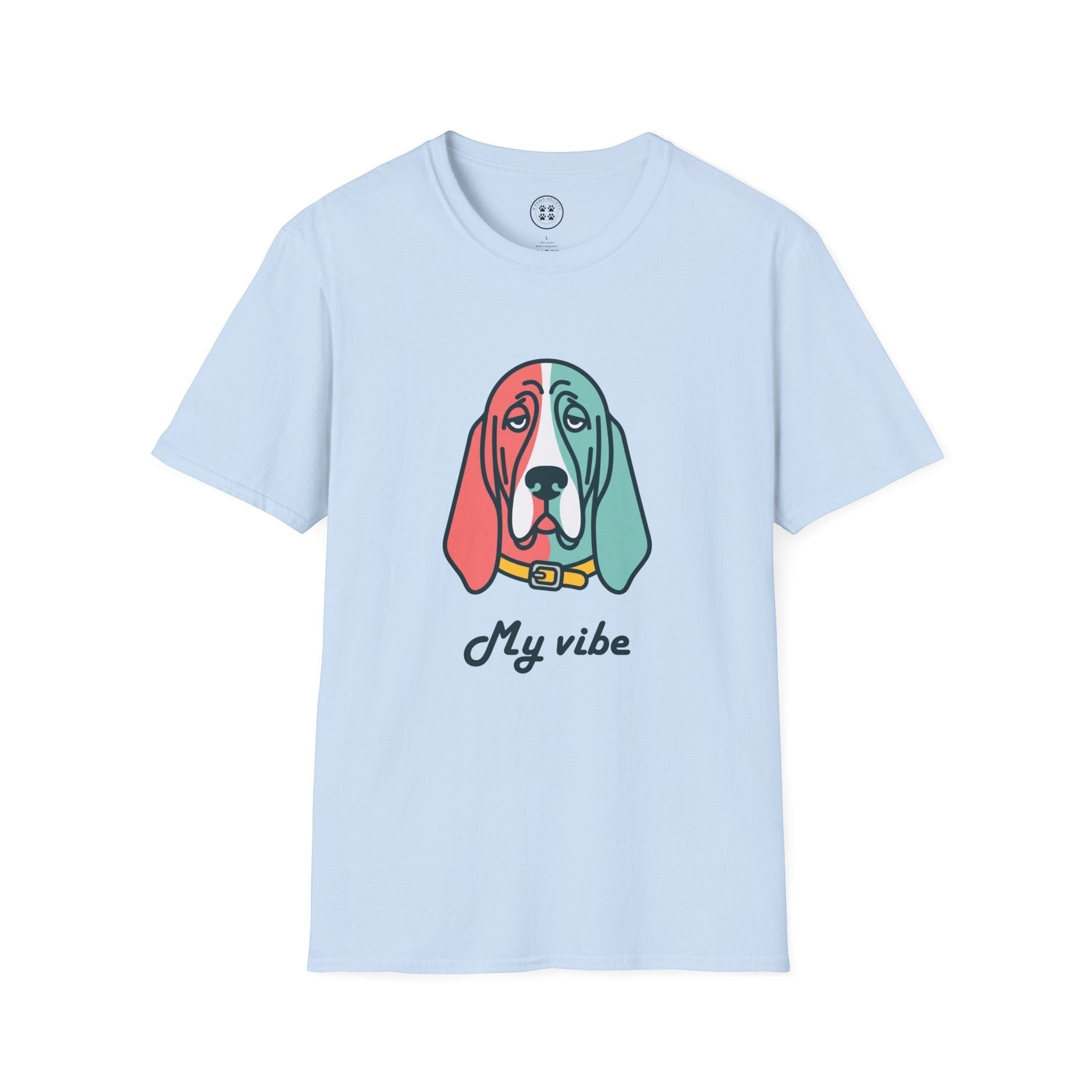 4 Paws Society light blue 100% cotton t-shirt with a colorful Basset Hound graphic and "My Vibe" text.