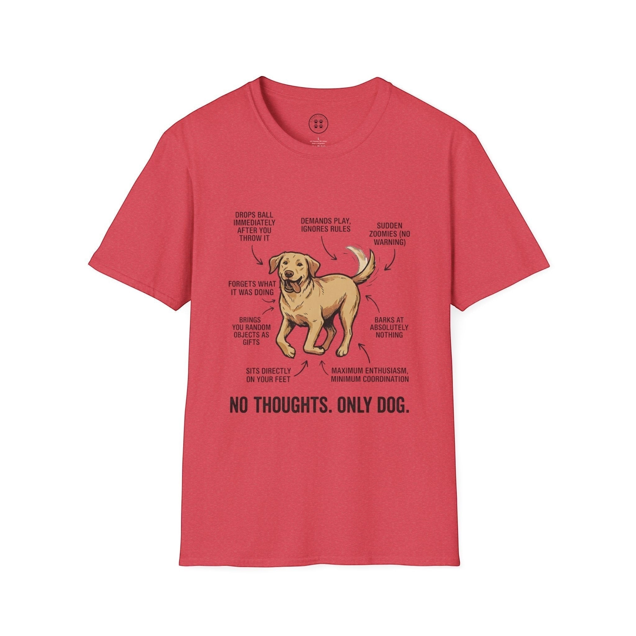 4 Paws Society red 100% cotton unisex graphic tee with a funny dog anatomy illustration and "No Thoughts. Only Dog." text.