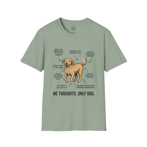 4 Paws Society sage green 100% cotton unisex graphic tee with a humorous dog anatomy diagram and the text "NO THOUGHTS. ONLY DOG."