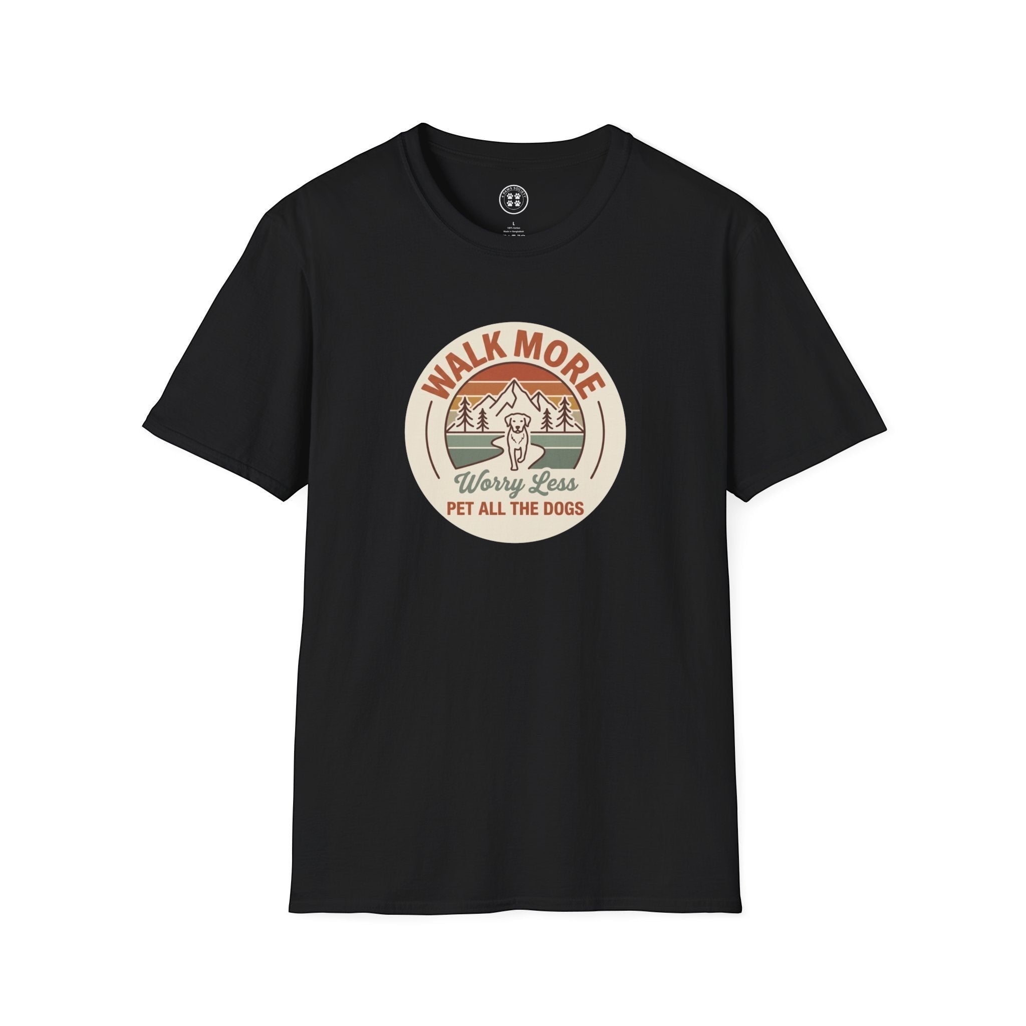4 Paws Society black 100% ring-spun cotton t-shirt with retro graphic of a dog on a mountain trail, text reads "Walk More, Worry Less, Pet All The Dogs."
