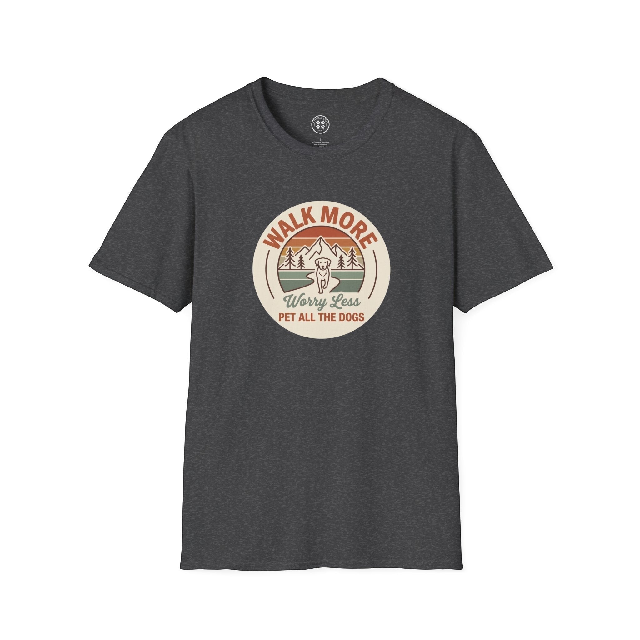 4 Paws Society charcoal grey 100% cotton t-shirt with a retro graphic of a dog on a mountain trail and text "Walk More, Worry Less, Pet All The Dogs."