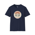4 Paws Society navy blue 100% cotton t-shirt with a retro graphic of a dog walking in mountains with text "Walk More, Worry Less, Pet All The Dogs."