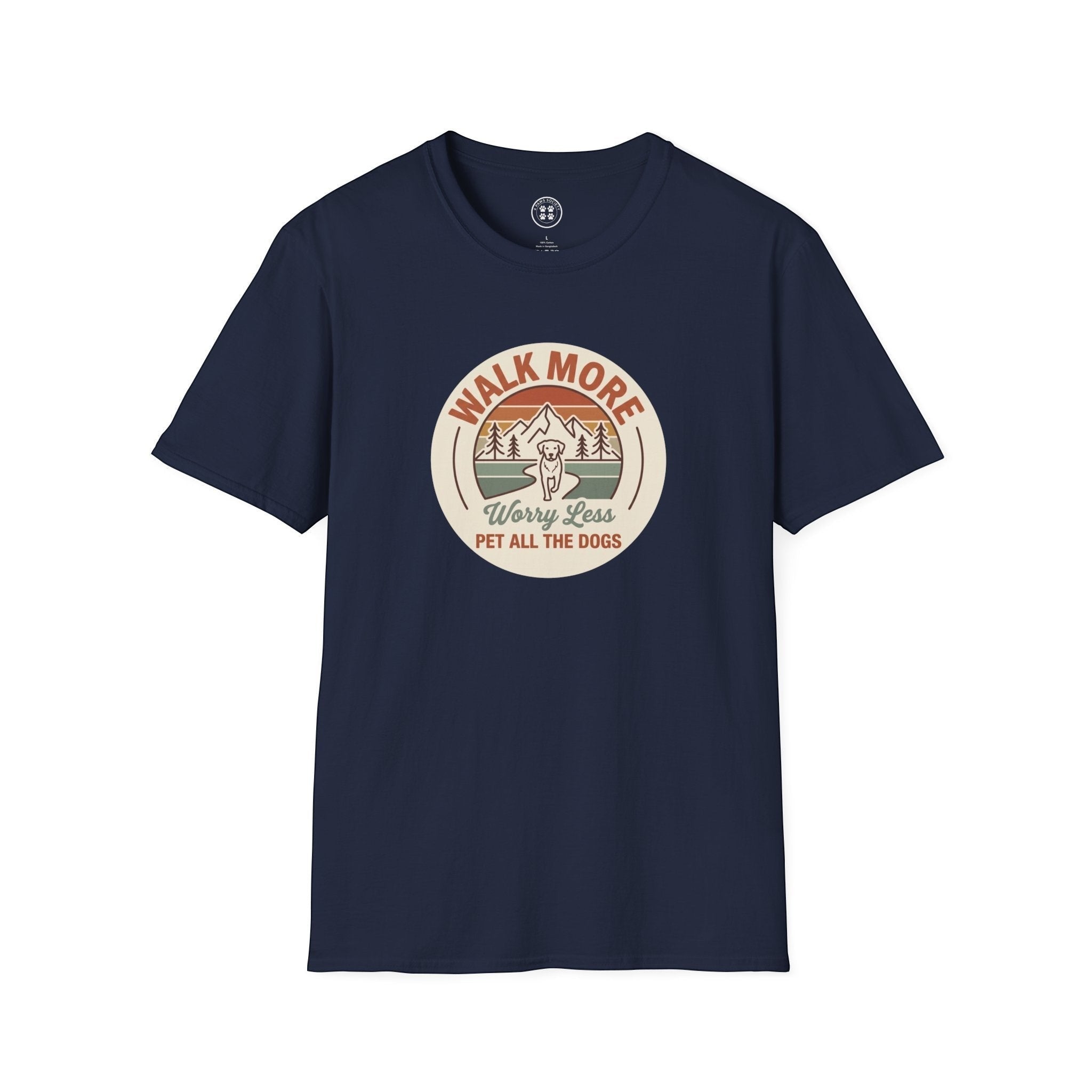 4 Paws Society navy blue 100% cotton t-shirt with a retro graphic of a dog walking in mountains with text "Walk More, Worry Less, Pet All The Dogs."