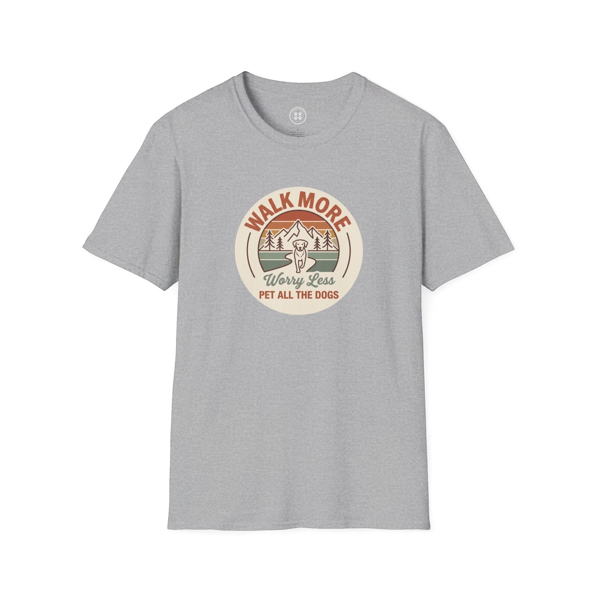 4 Paws Society grey 100% cotton t-shirt with a retro graphic of a dog walking in mountains, text reads "Walk More, Worry Less, Pet All the Dogs."