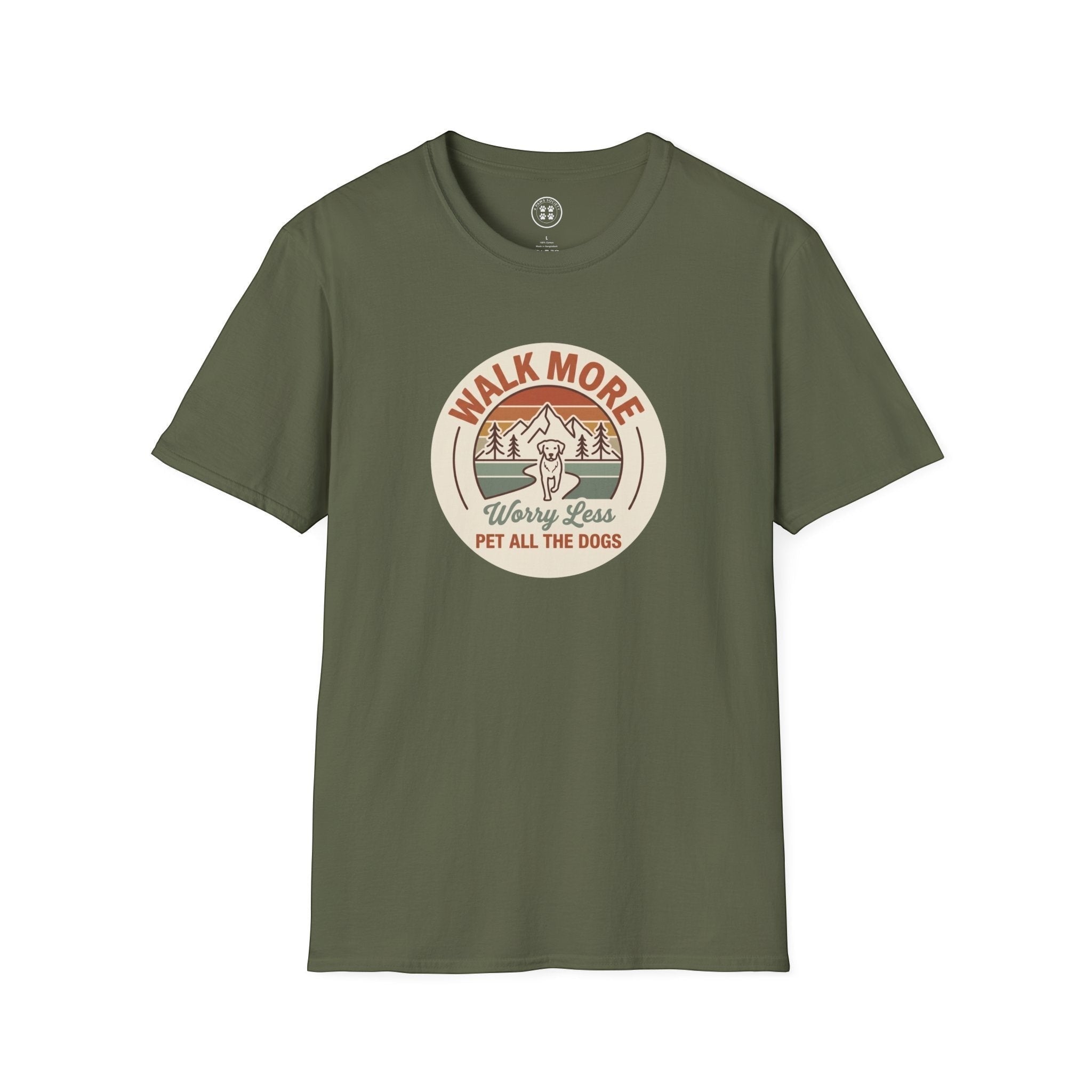 4 Paws Society olive green 100% cotton t-shirt with a retro graphic of a dog walking on a mountain path, text reads "Walk More, Worry Less, Pet All The Dogs."