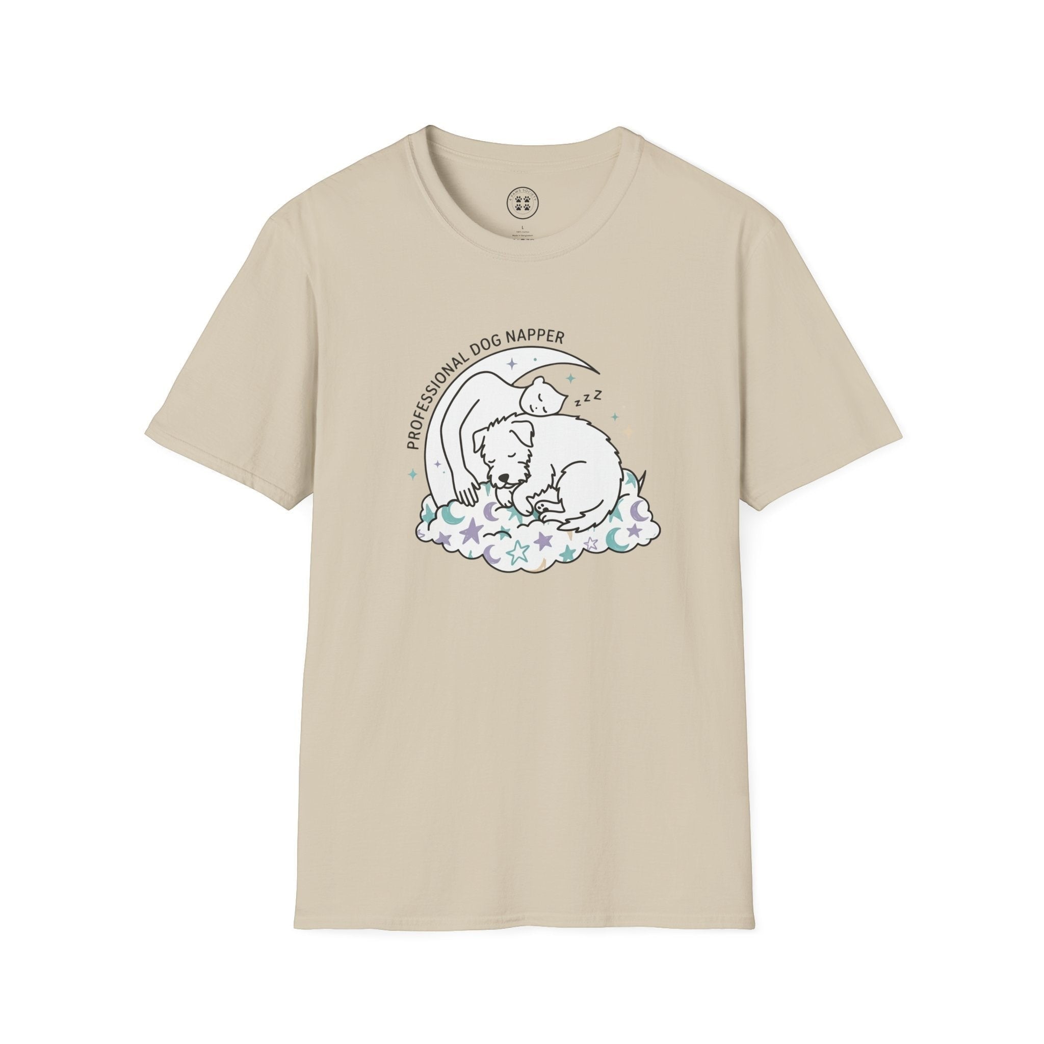 4 Paws Society beige 100% cotton unisex t-shirt with a "Professional Dog Napper" graphic of a sleeping puppy on a cloud with stars and a crescent moon.