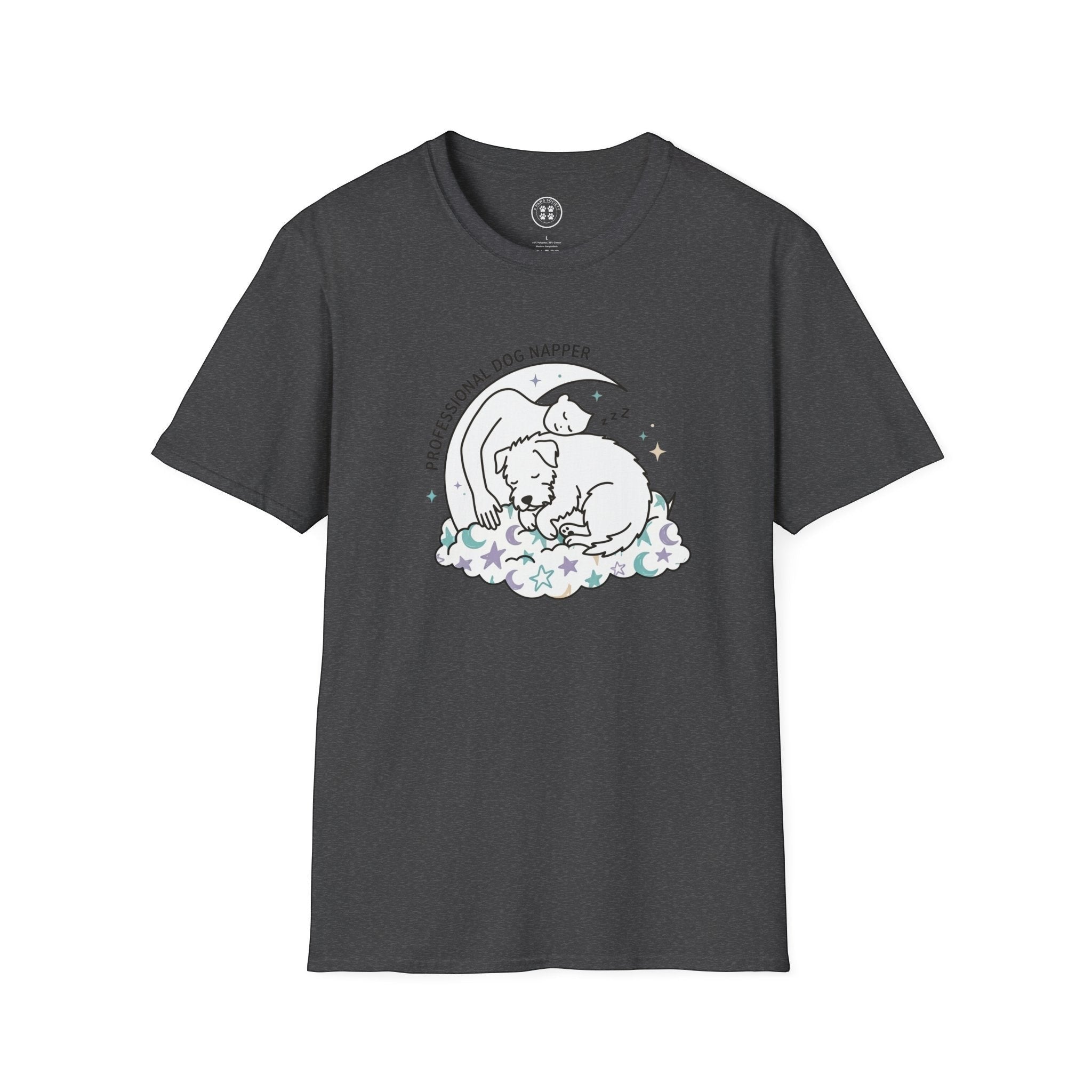 4 Paws Society dark grey 100% cotton unisex t-shirt with "Professional Dog Napper" graphic of a person sleeping with a dog on clouds under a moon and stars.