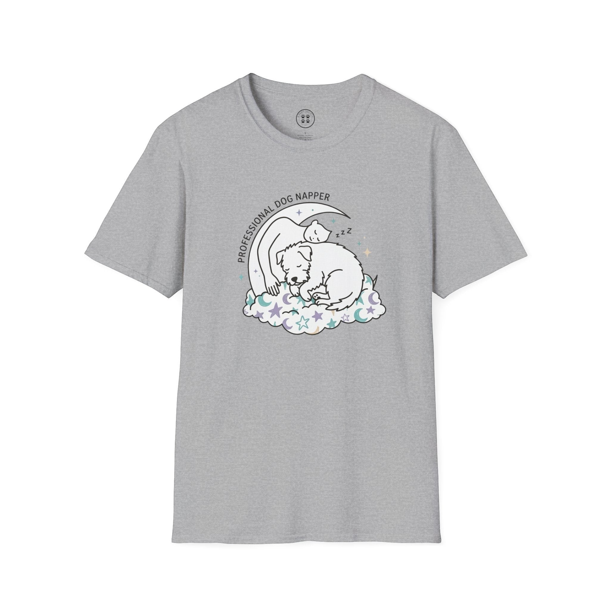 4 Paws Society grey 100% cotton unisex t-shirt with a graphic of a sleeping dog on a cloud with stars and moon, text reads "Professional Dog Napper".