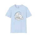 4 Paws Society light blue 100% cotton unisex t-shirt with a "Professional Dog Napper" graphic of a sleeping dog on a cloud with stars and a crescent moon.