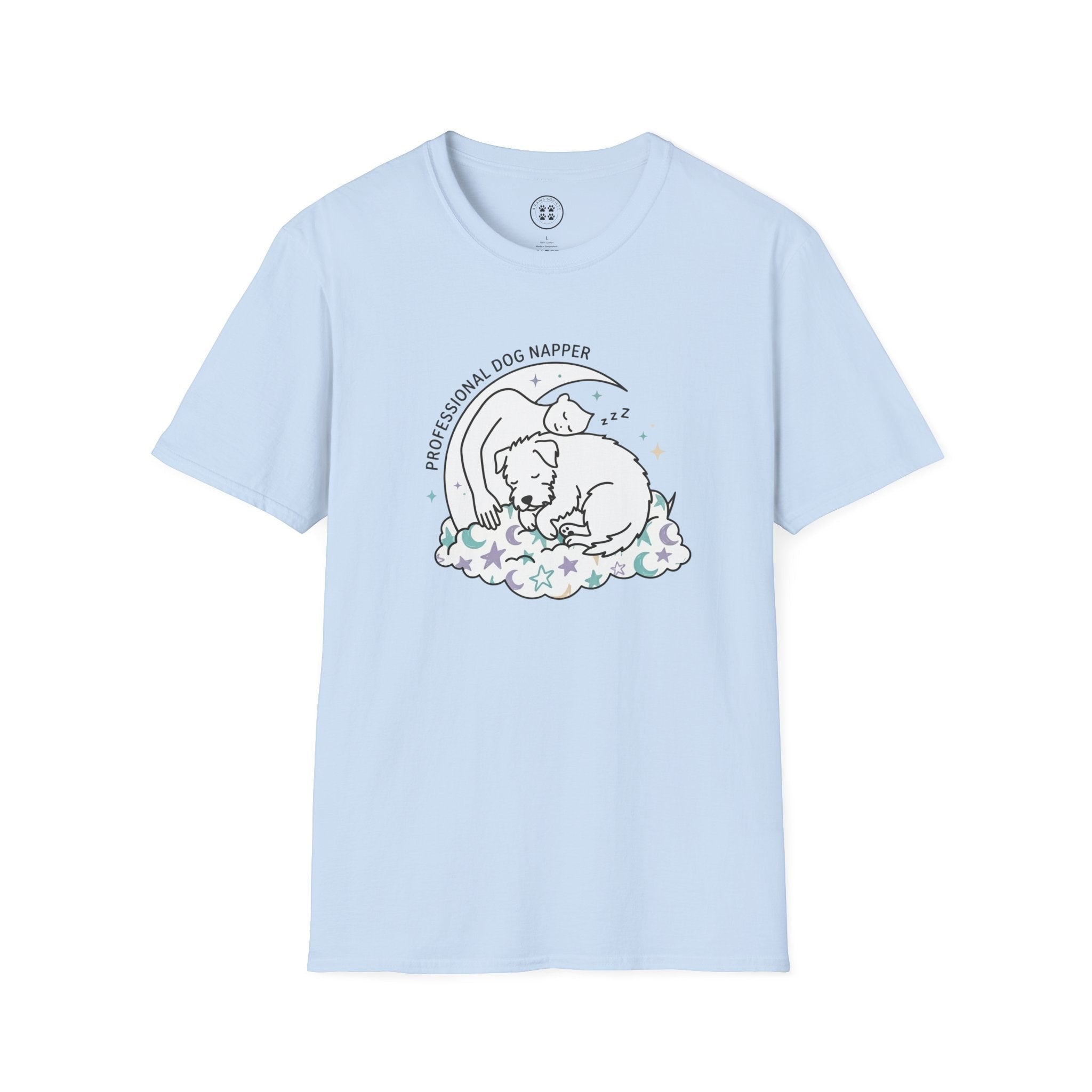 4 Paws Society light blue 100% cotton unisex t-shirt with a "Professional Dog Napper" graphic of a sleeping dog on a cloud with stars and a crescent moon.