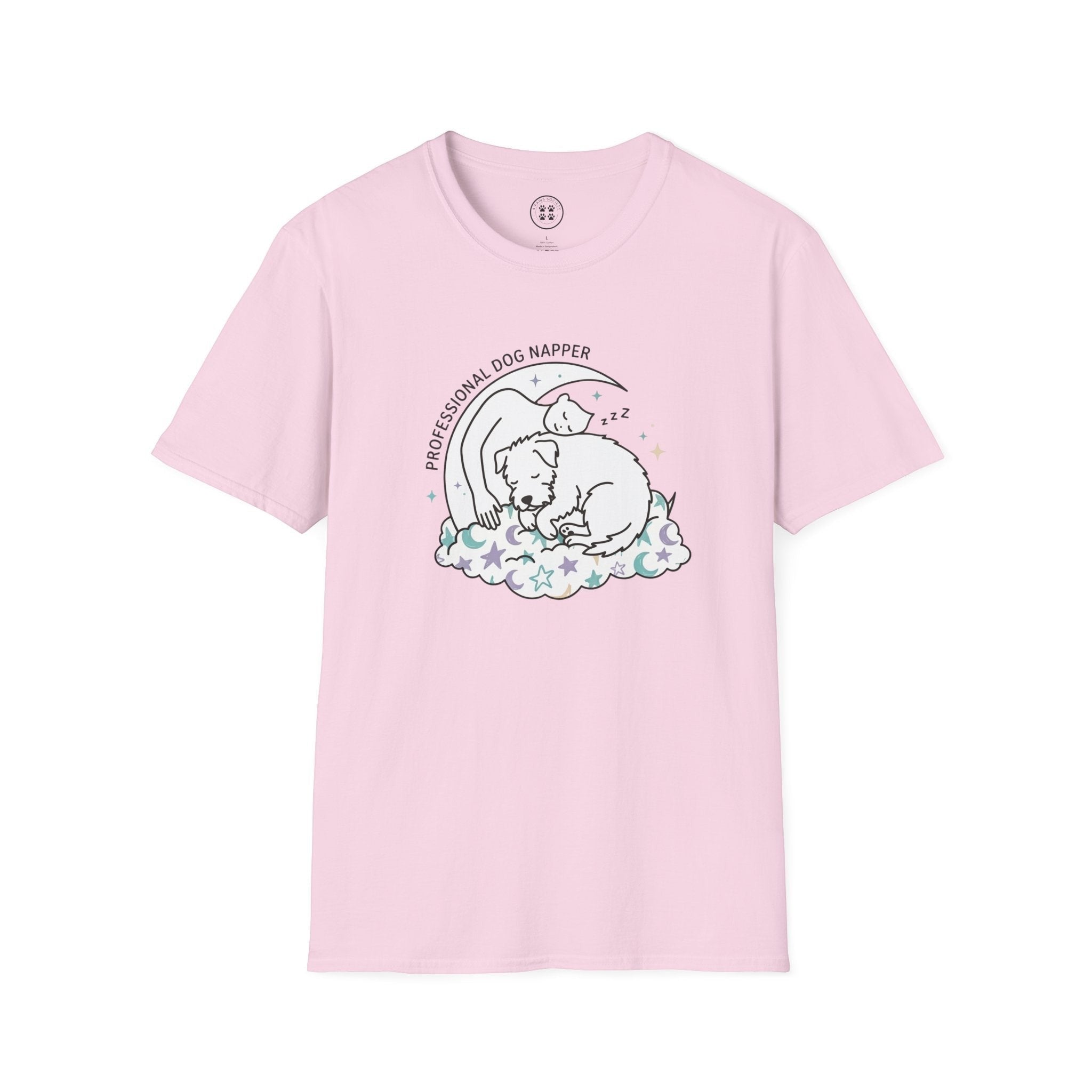 4 Paws Society pink 100% cotton unisex t-shirt with a graphic of a sleeping dog on a cloud under a crescent moon with stars.