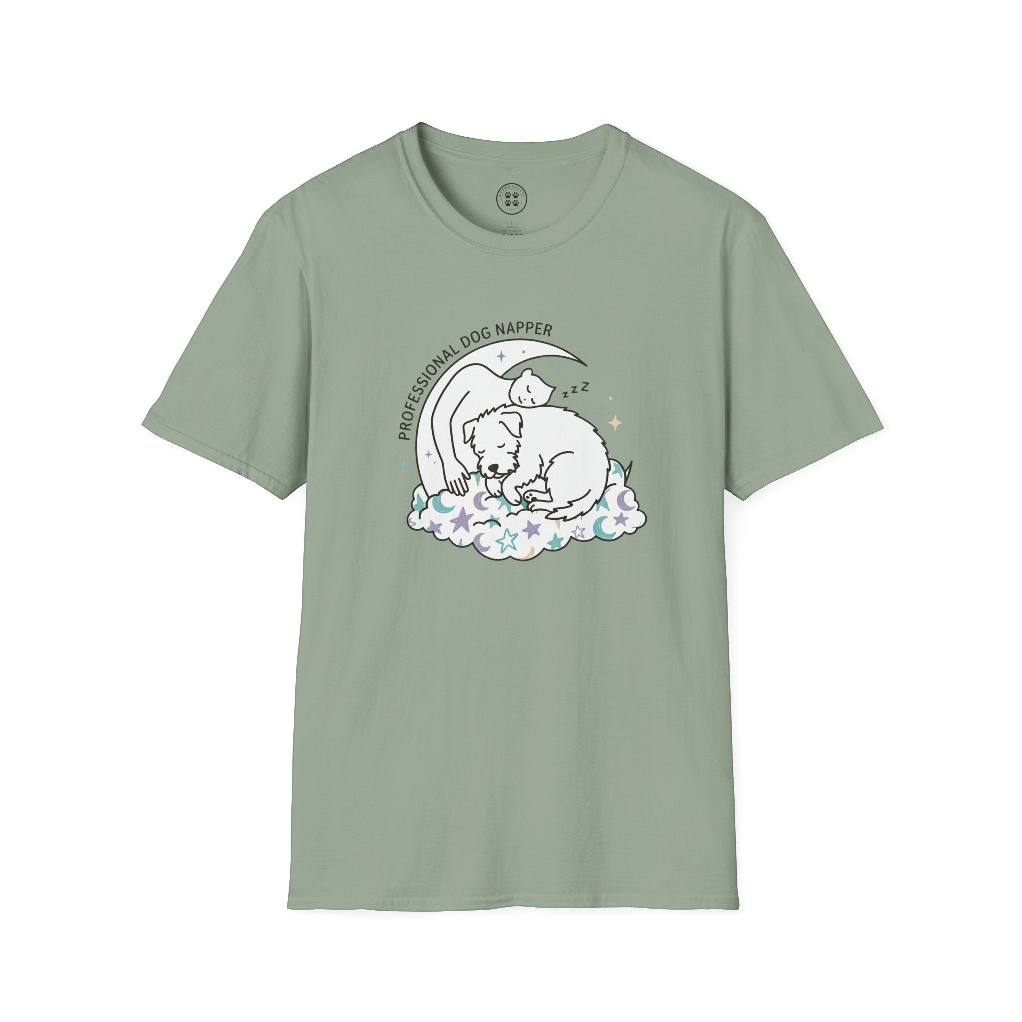 4 Paws Society sage green 100% cotton unisex t-shirt with "Professional Dog Napper" graphic of a sleeping dog on a cloud.