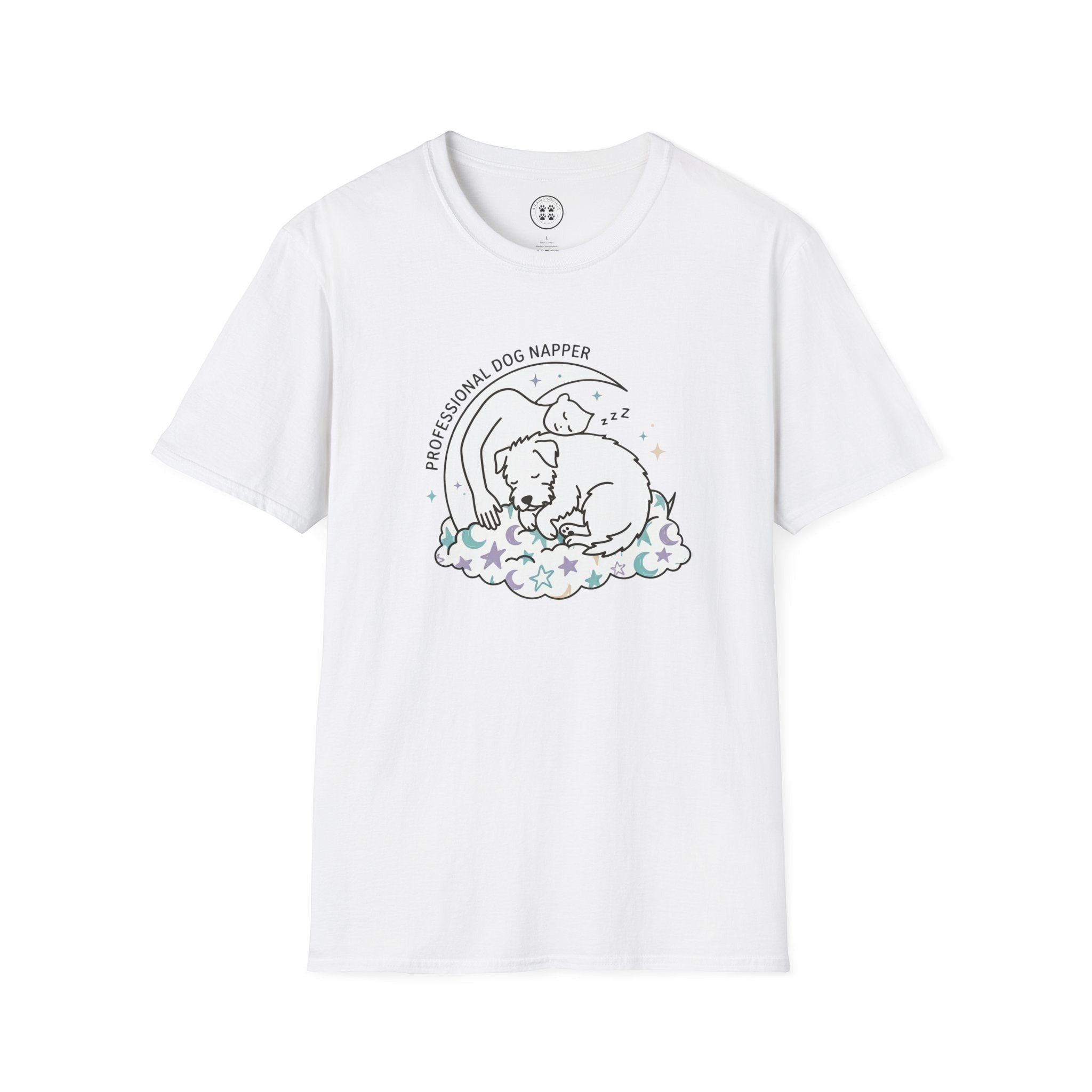 4 Paws Society white 100% cotton unisex t-shirt with a graphic of a sleeping dog on a cloud with stars and the text "Professional Dog Napper".