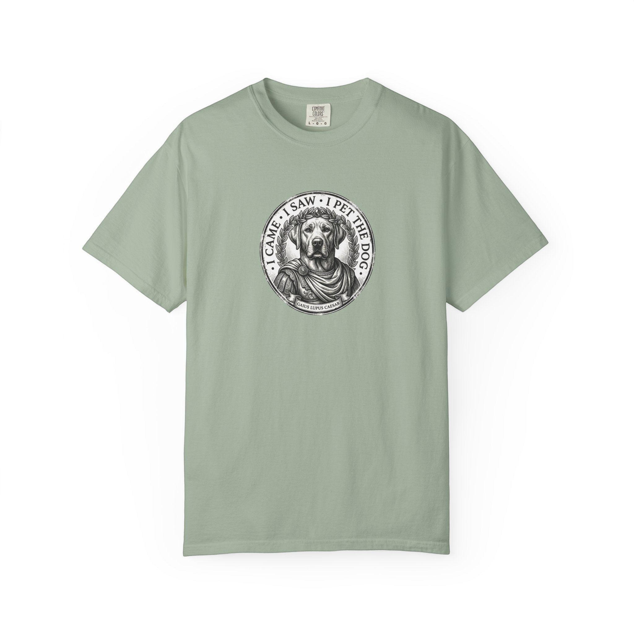 4 Paws Society sage green cotton t-shirt with a vintage Roman medal design of a dog wearing a laurel wreath and toga.