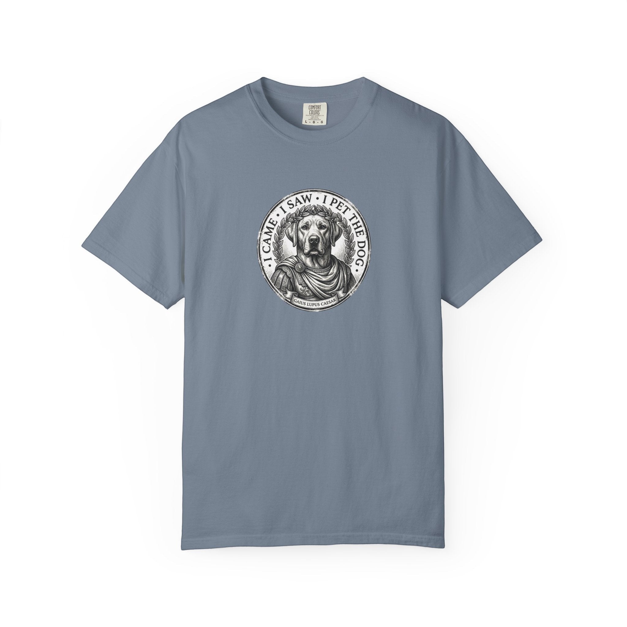 4 Paws Society blue cotton t-shirt with a vintage Roman-style dog portrait graphic that reads 'I Came, I Saw, I Pet The Dog'.