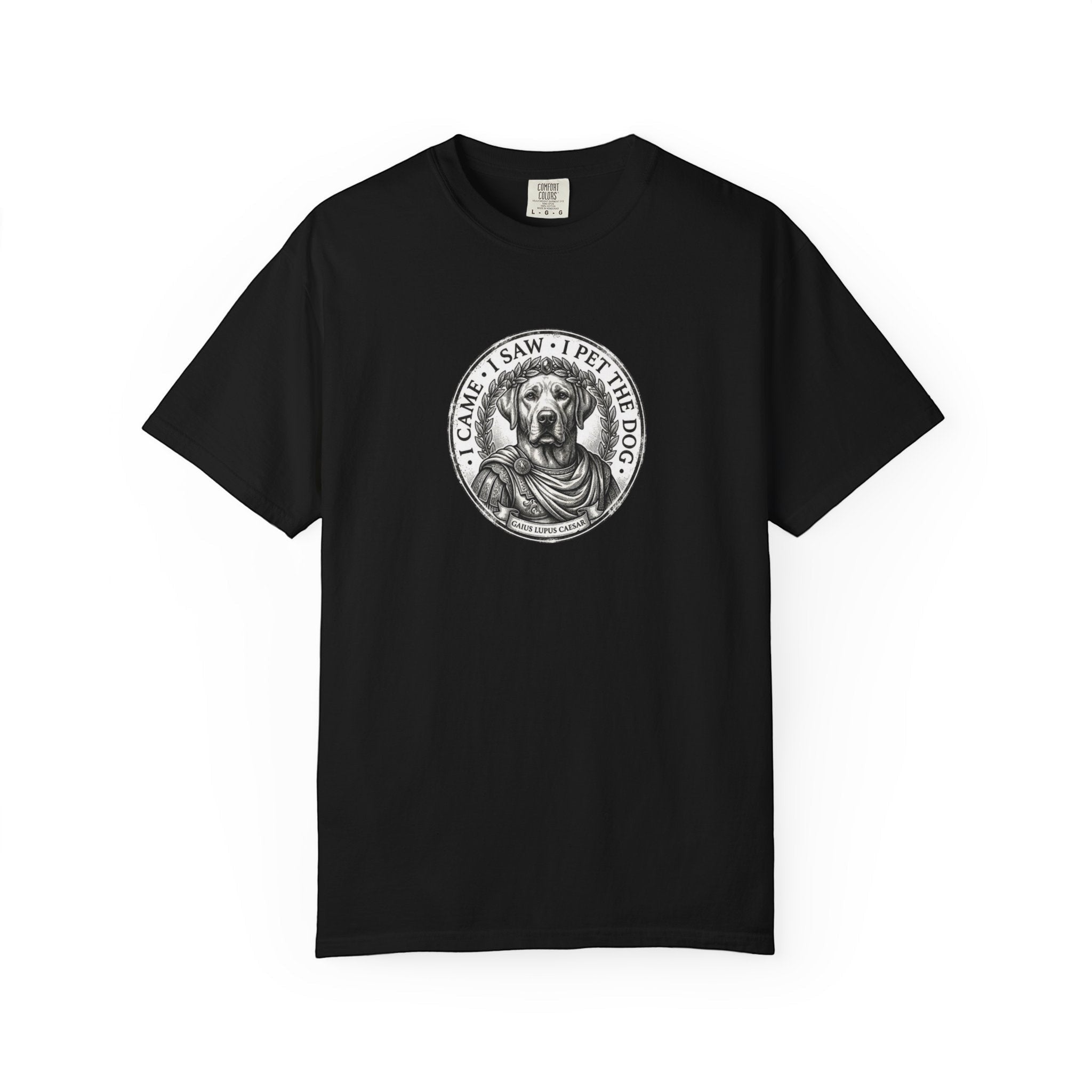 4 Paws Society black t-shirt with a vintage Roman-style medal graphic of a dog wearing a laurel wreath and toga.
