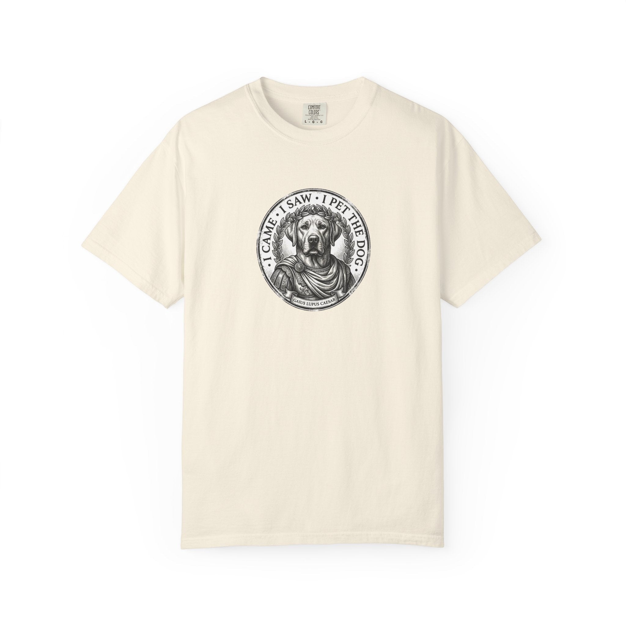 4 Paws Society cream cotton t-shirt with a vintage Roman-style dog portrait and the text "I Came, I Saw, I Pet The Dog".