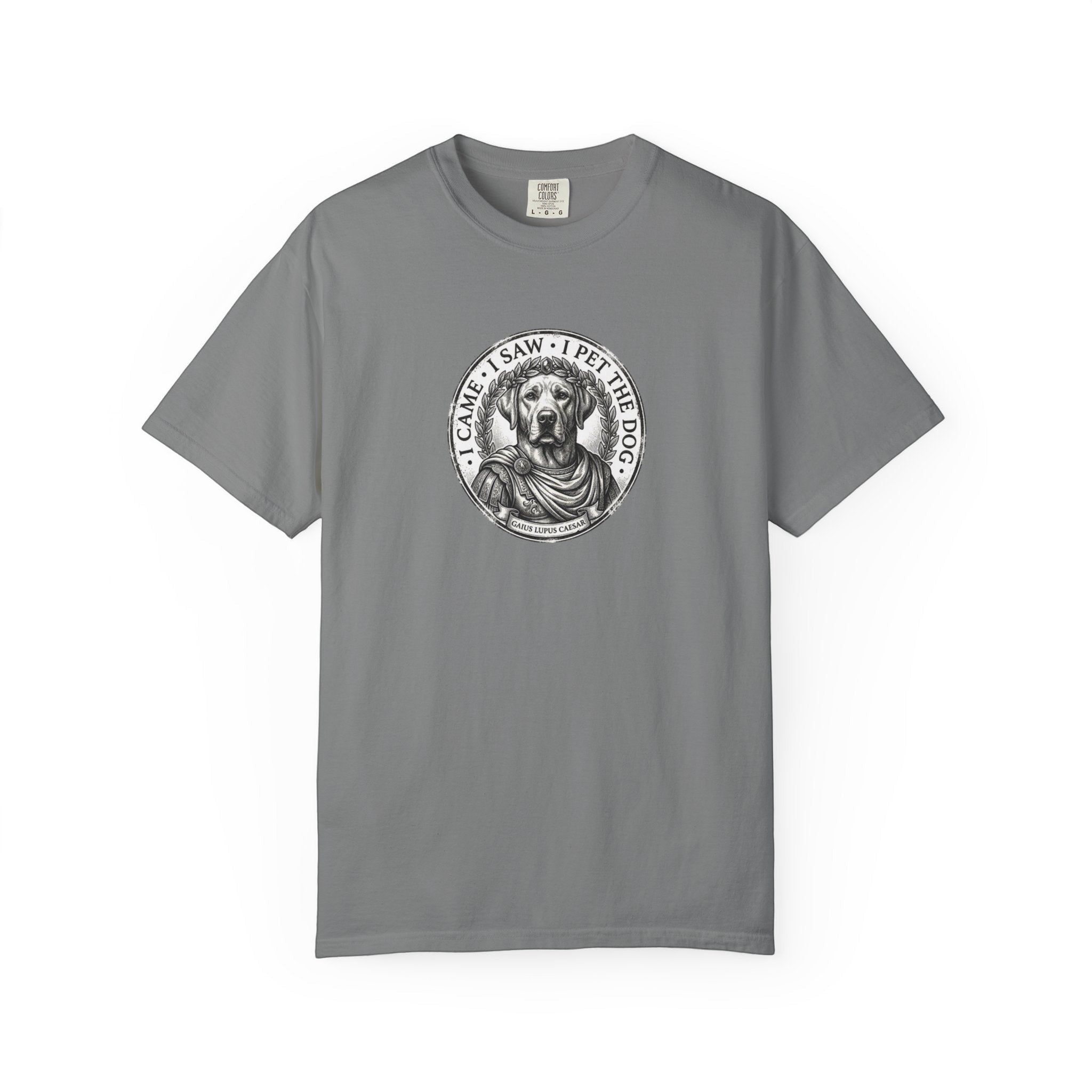 4 Paws Society grey t-shirt with a vintage Roman medal design featuring a dog wearing a laurel wreath and toga.