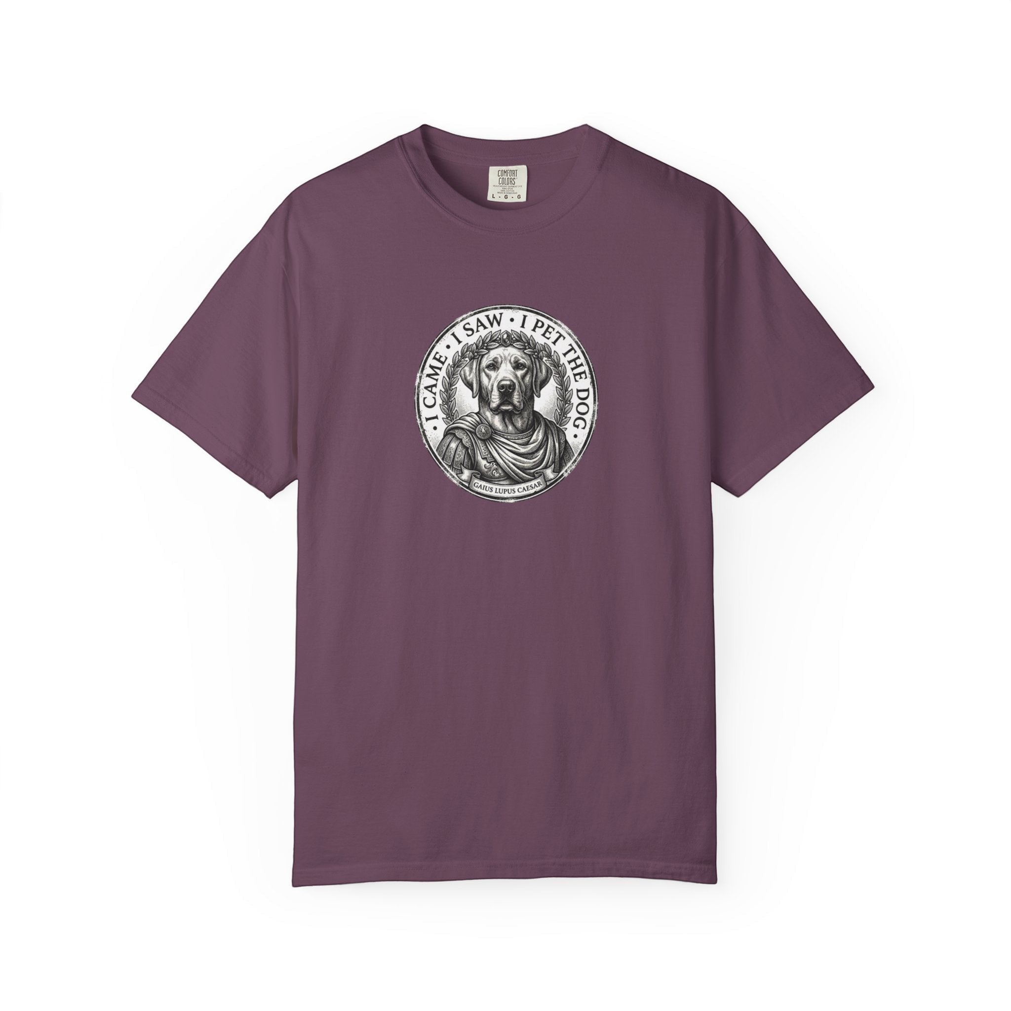 4 Paws Society plum t-shirt with a vintage Roman-style dog portrait graphic that reads 'I Came, I Saw, I Pet The Dog'.