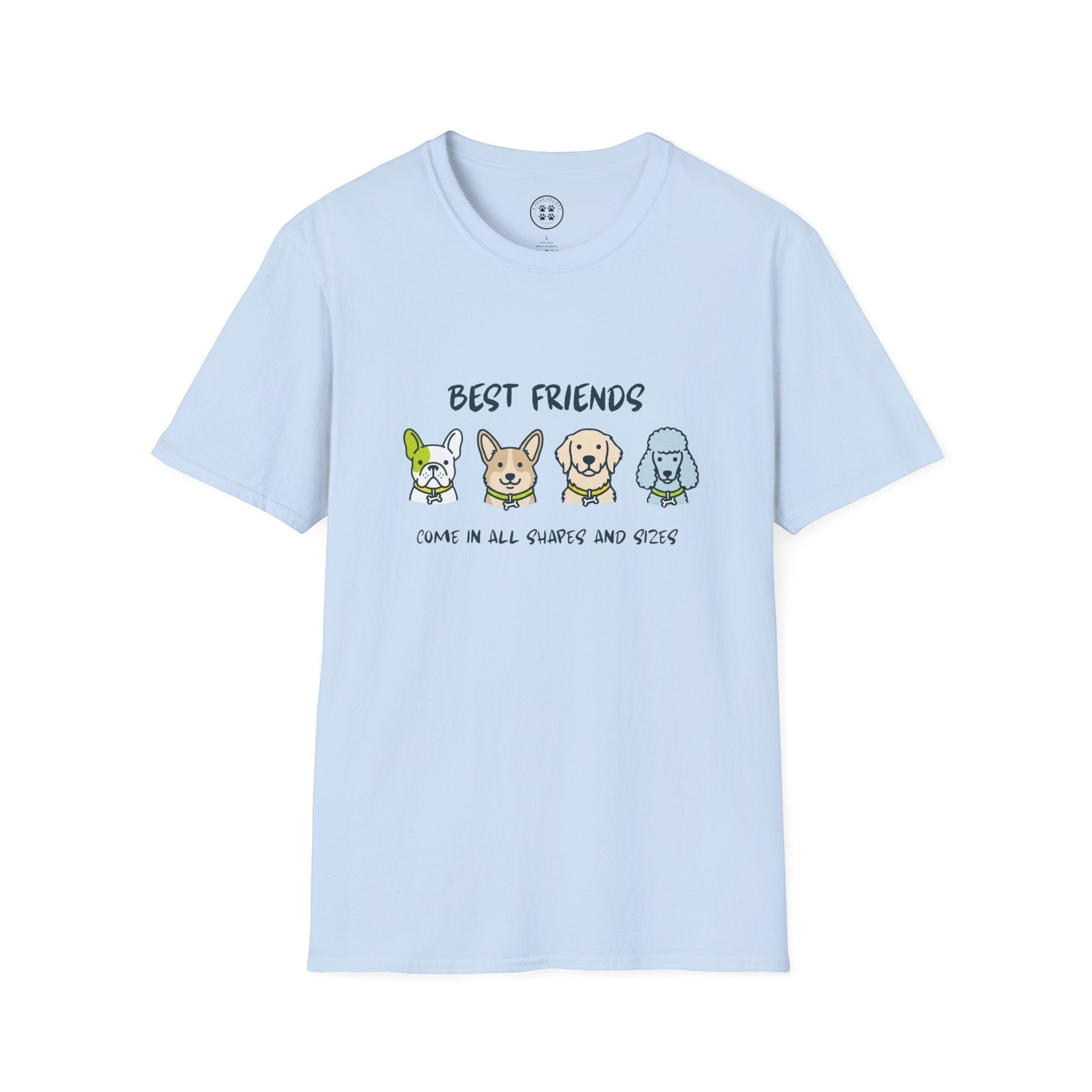 4 Paws Society light blue 100% cotton t-shirt with "Best Friends Come in All Shapes and Sizes" graphic featuring four cartoon dogs.