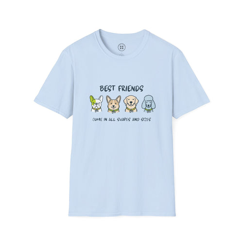 4 Paws Society light blue 100% cotton t-shirt with "Best Friends Come in All Shapes and Sizes" graphic featuring four cartoon dogs.
