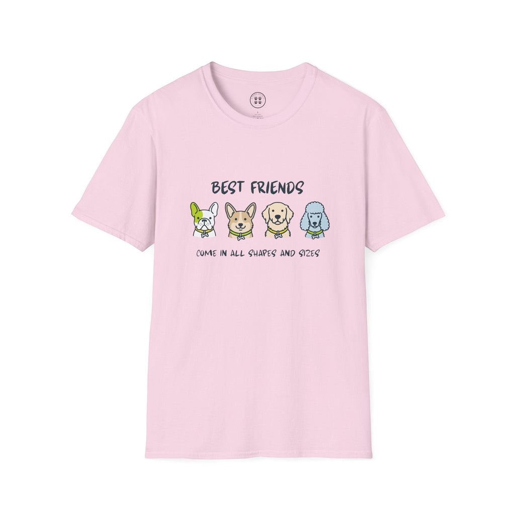 4 Paws Society light pink 100% cotton t-shirt with a graphic of four cartoon dogs and the text "BEST FRIENDS COME IN ALL SHAPES AND SIZES".
