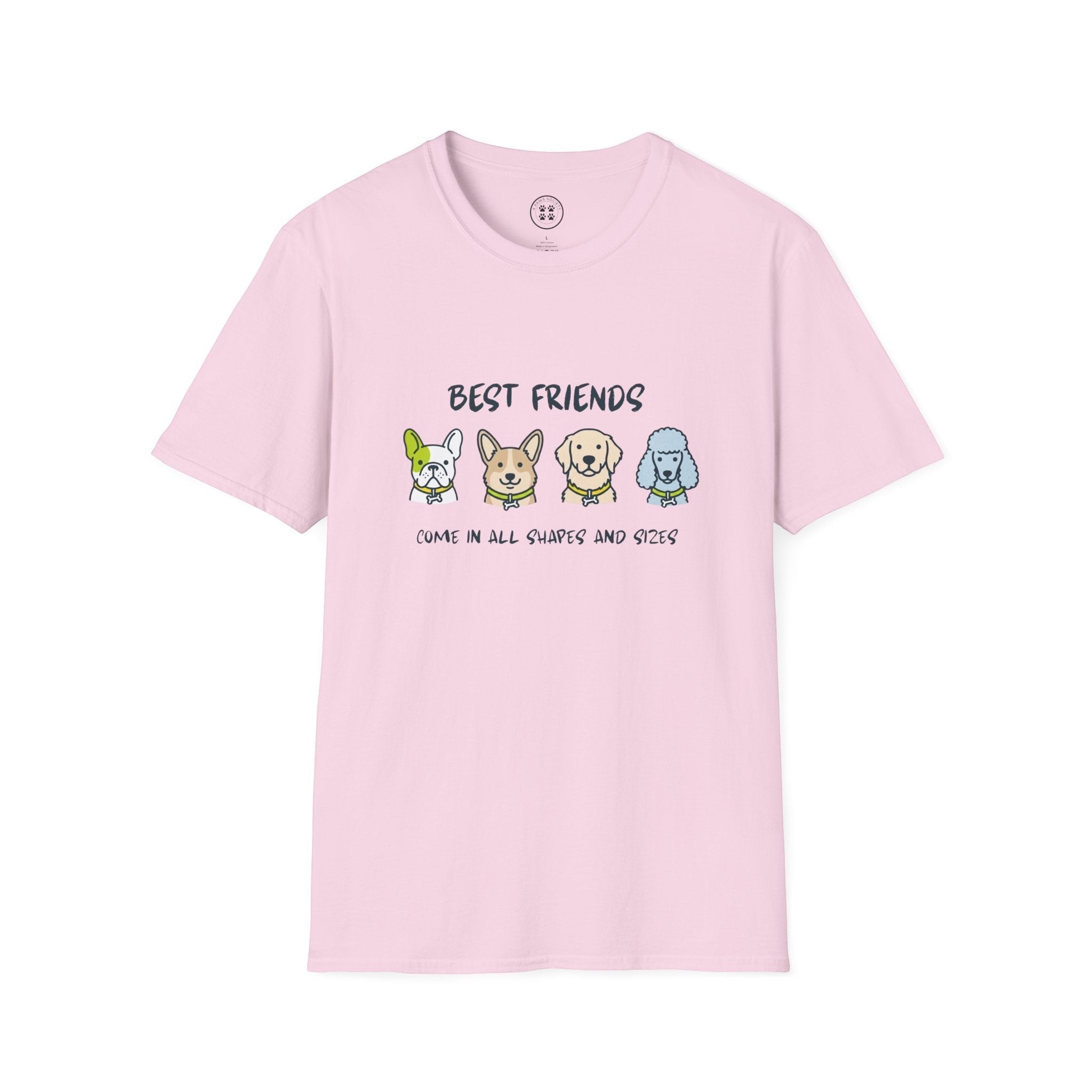 4 Paws Society light pink 100% cotton t-shirt with a graphic of four cartoon dogs and the text "BEST FRIENDS COME IN ALL SHAPES AND SIZES".
