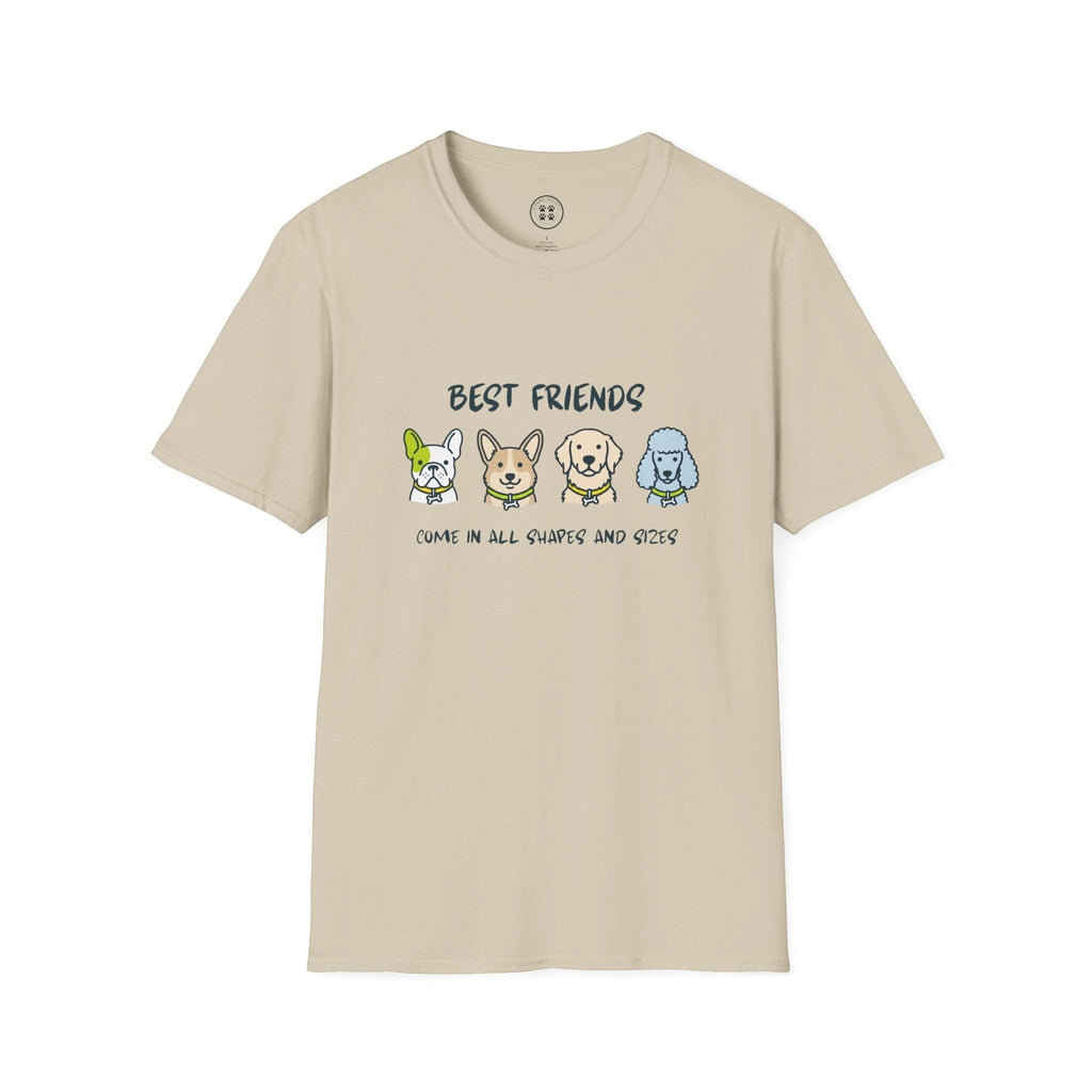 4 Paws Society beige 100% cotton t-shirt with "Best Friends Come in All Shapes and Sizes" graphic featuring four cartoon dogs.