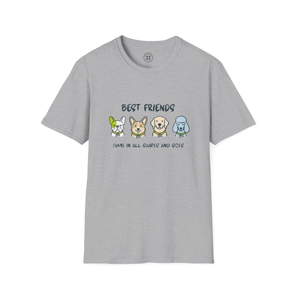 4 Paws Society grey 100% cotton t-shirt with a graphic of four cartoon dogs and the text "BEST FRIENDS COME IN ALL SHAPES AND SIZES".