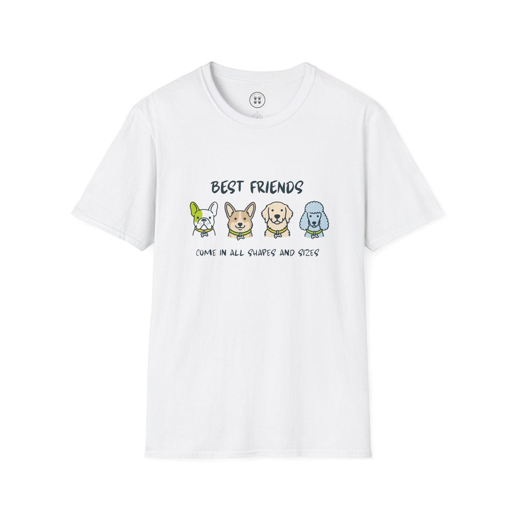 4 Paws Society white 100% cotton t-shirt with "Best Friends Come in All Shapes and Sizes" graphic featuring four cartoon dogs.