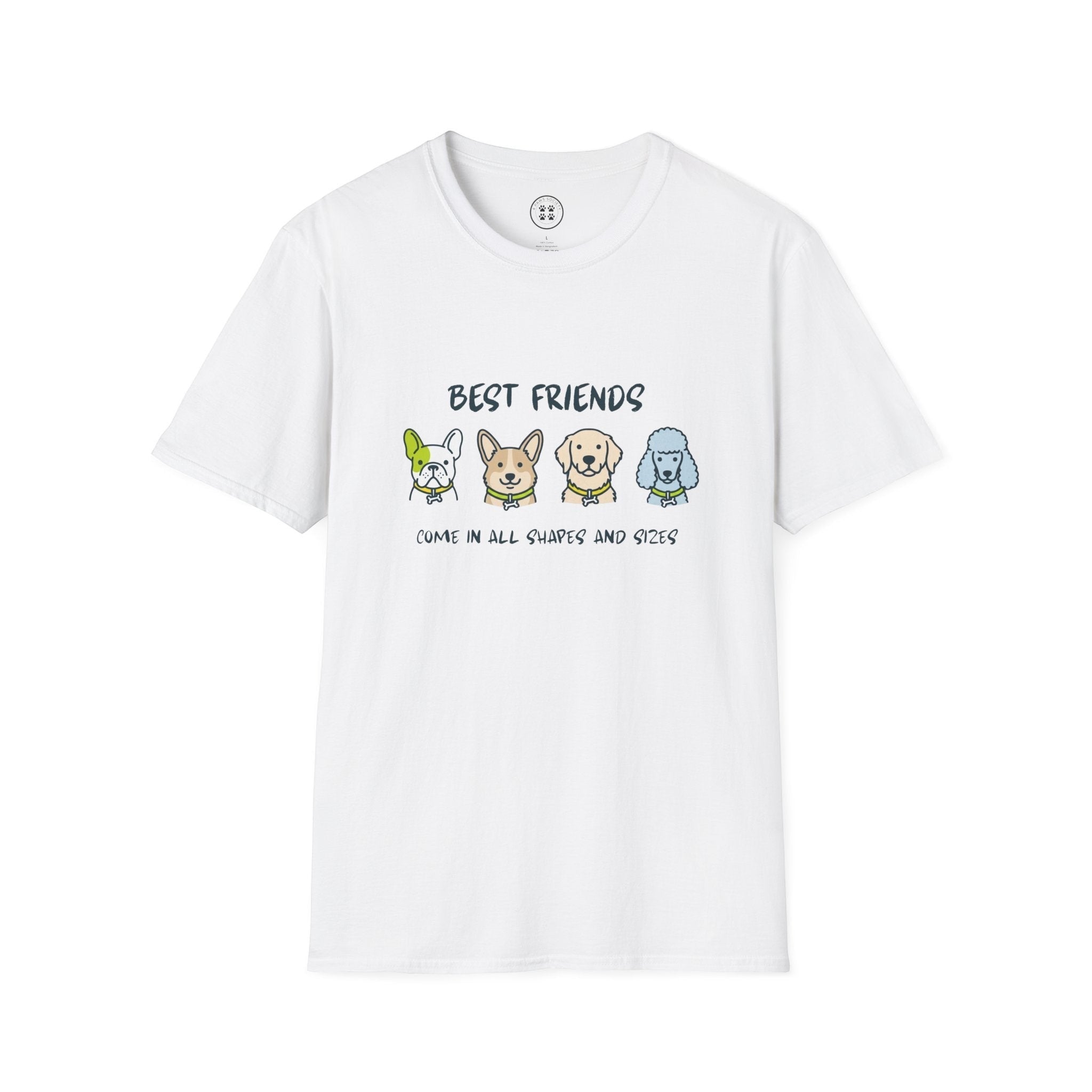 4 Paws Society white 100% cotton t-shirt with "Best Friends Come in All Shapes and Sizes" graphic featuring four cartoon dogs.