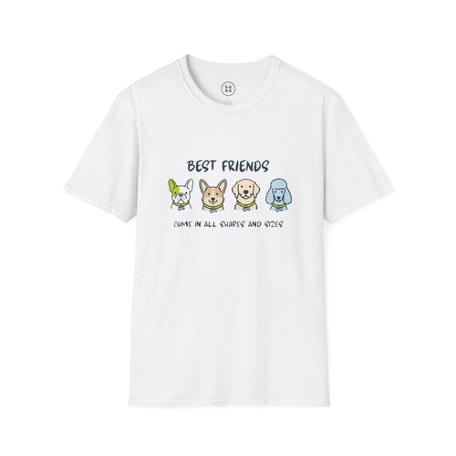 4 Paws Society white 100% cotton t-shirt with "Best Friends Come in All Shapes and Sizes" graphic featuring four cartoon dogs.