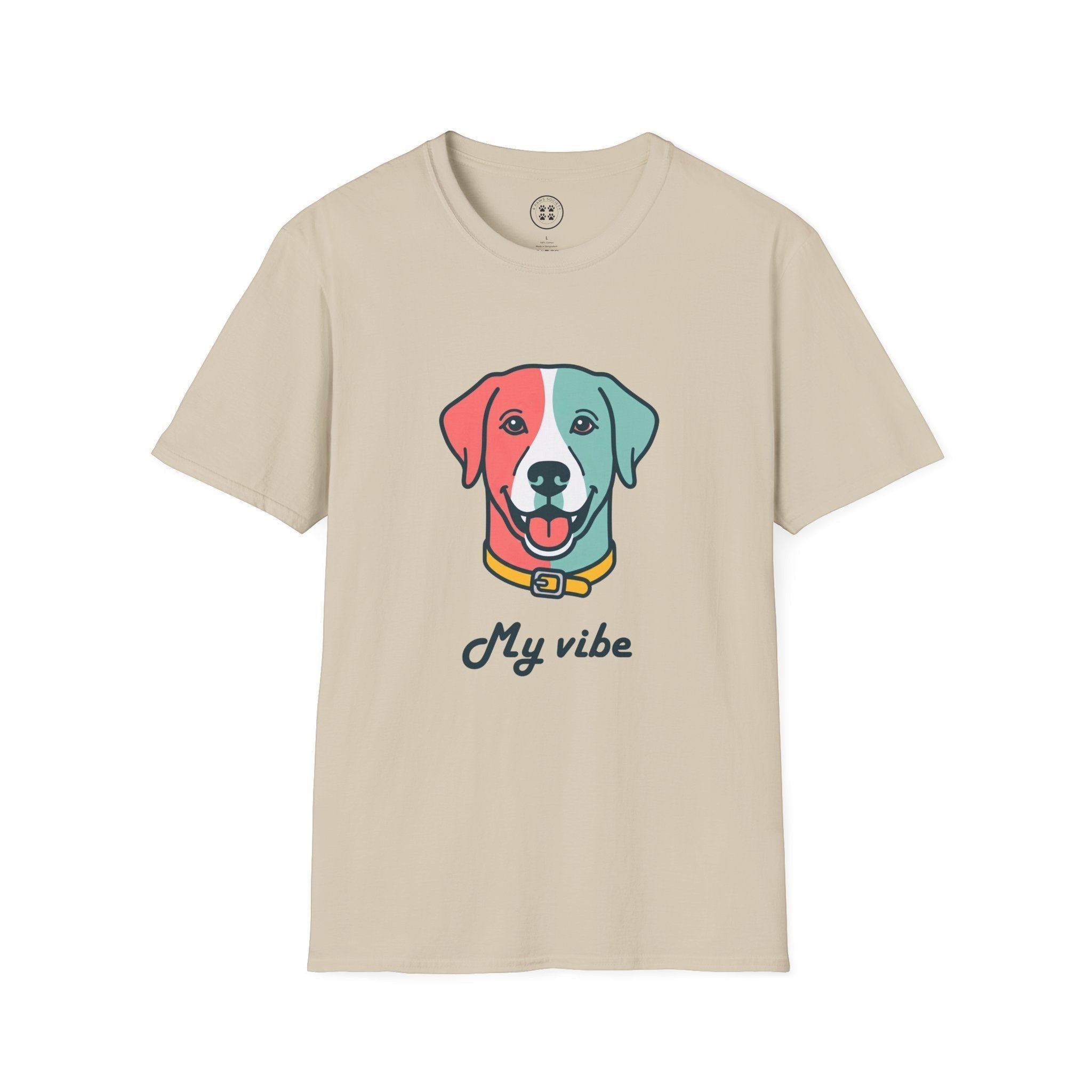 4 Paws Society beige 100% cotton unisex t-shirt with a colorful graphic of a dog's face and the text "My vibe".
