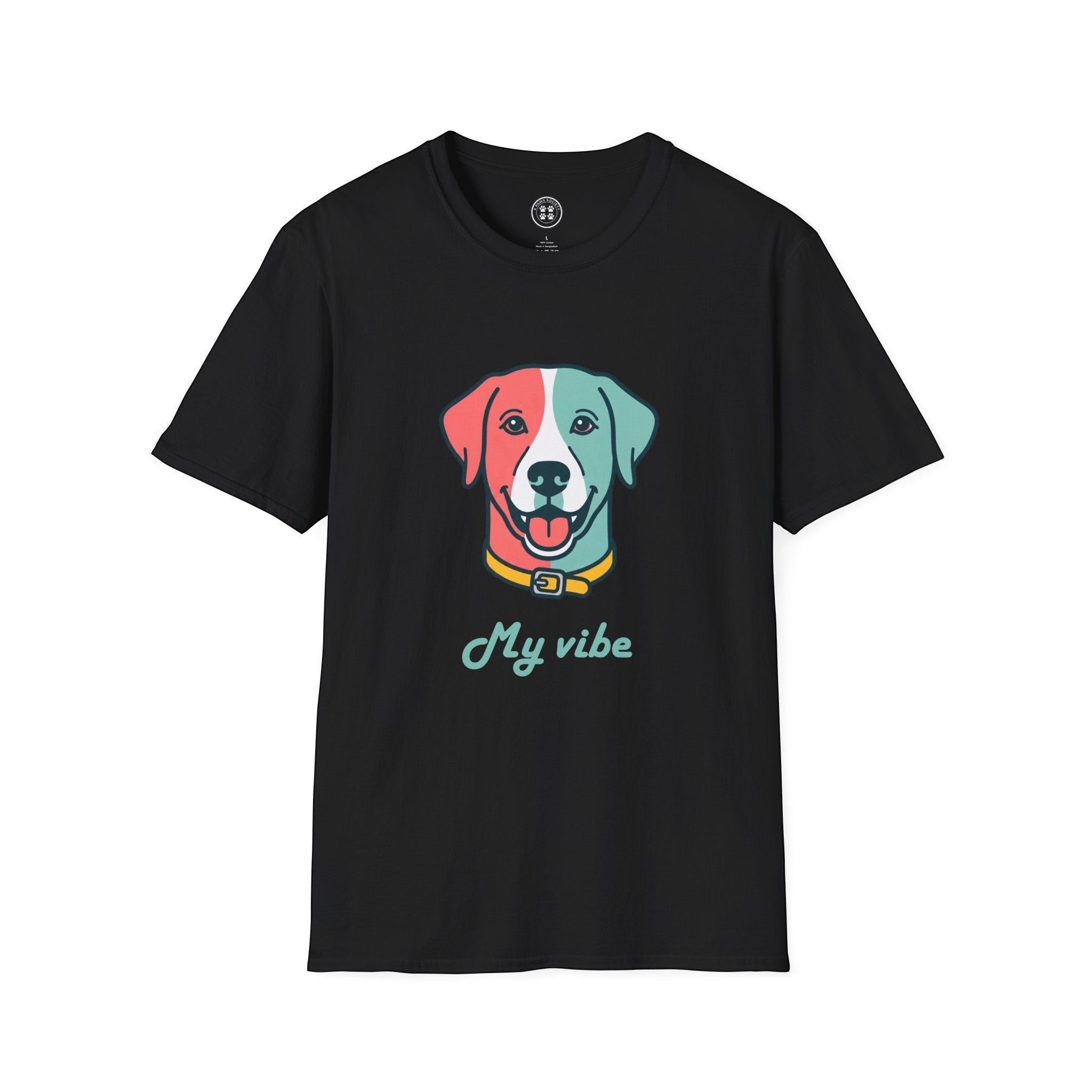 4 Paws Society black 100% cotton t-shirt with a colorful graphic of a happy dog's face and the text "My vibe".