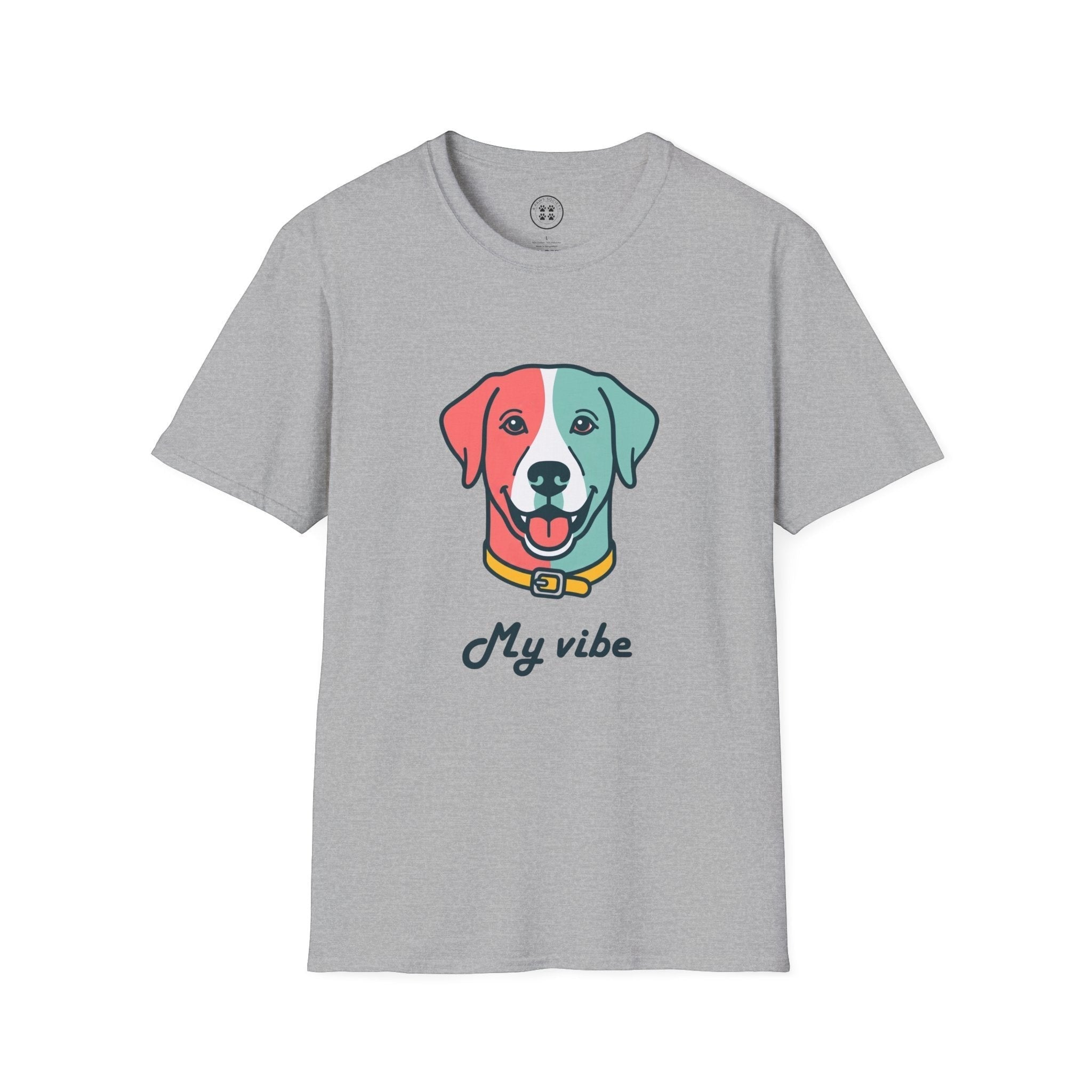 4 Paws Society grey 100% cotton t-shirt with a colorful dog graphic and "My vibe" text.